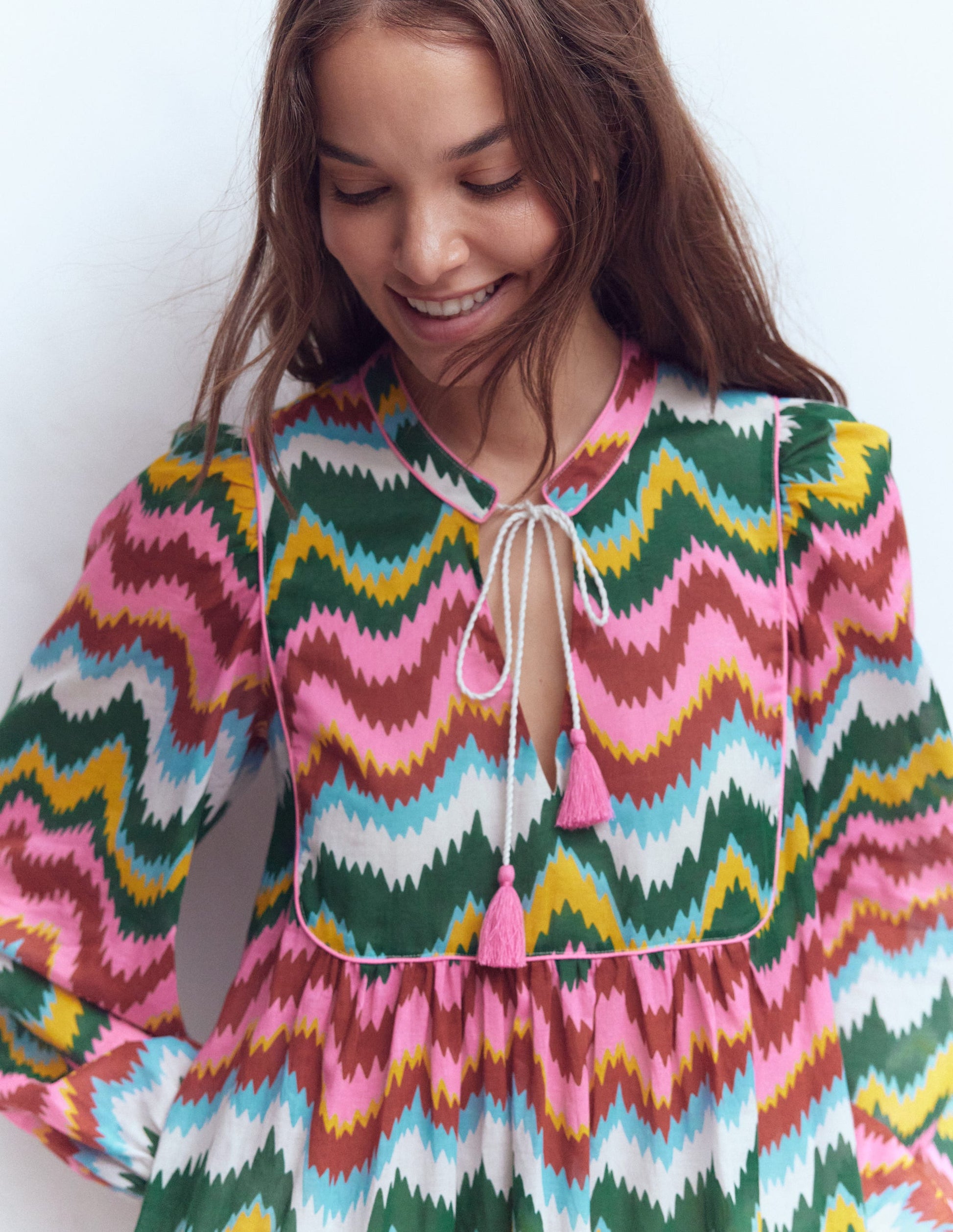 Boho Tie Neck Kaftan-Multi, Zig Zag Wave-2