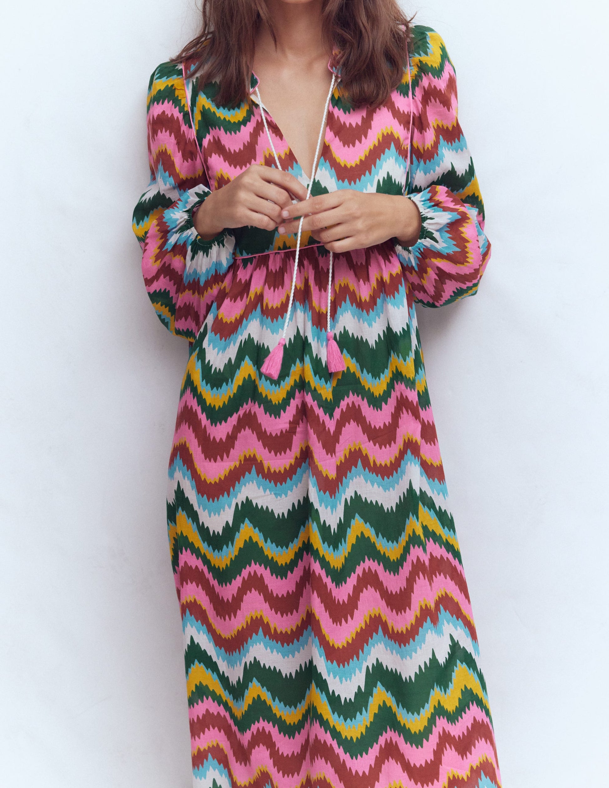 Boho Tie Neck Kaftan-Multi, Zig Zag Wave-4