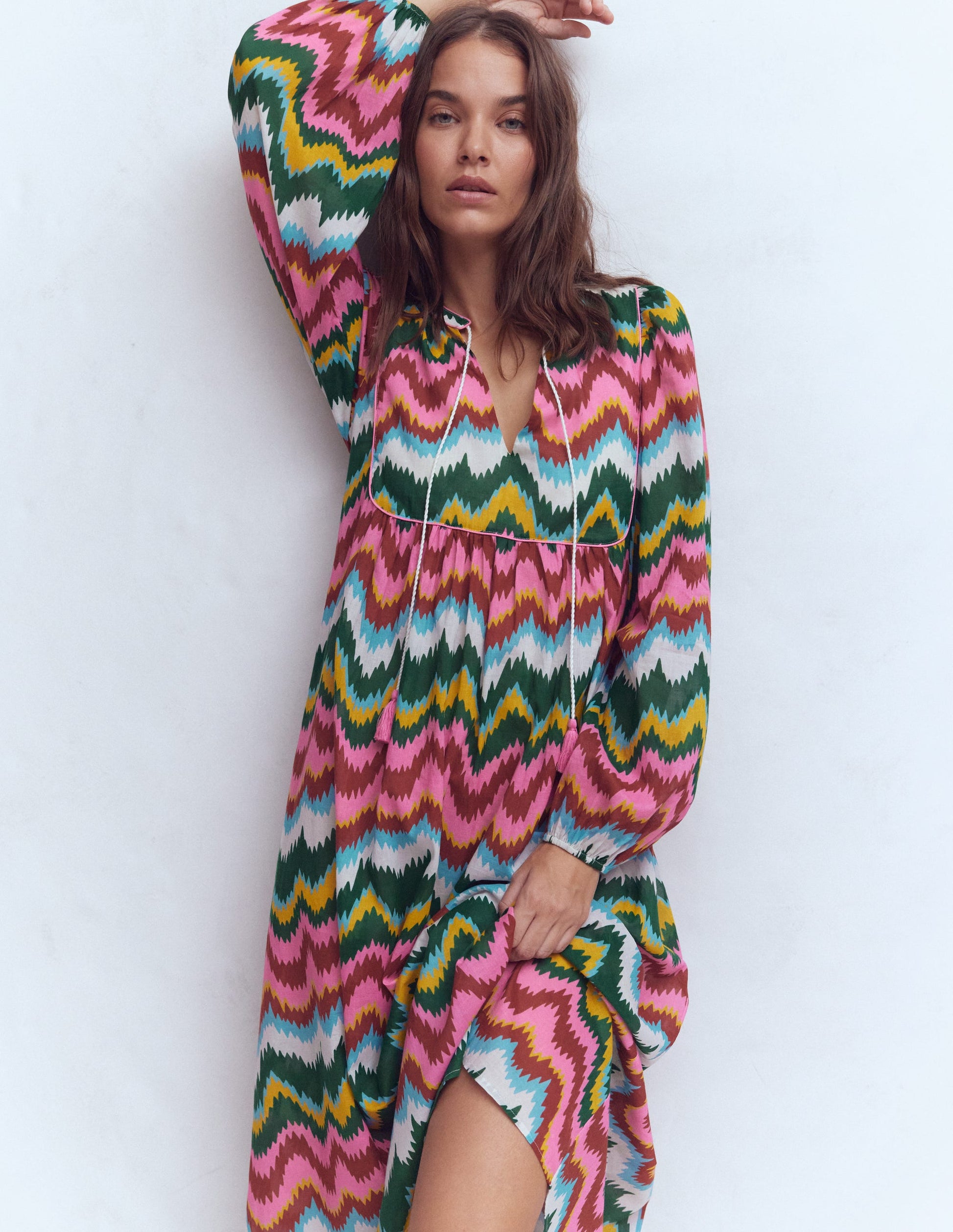 Boho Tie Neck Kaftan-Multi, Zig Zag Wave-5
