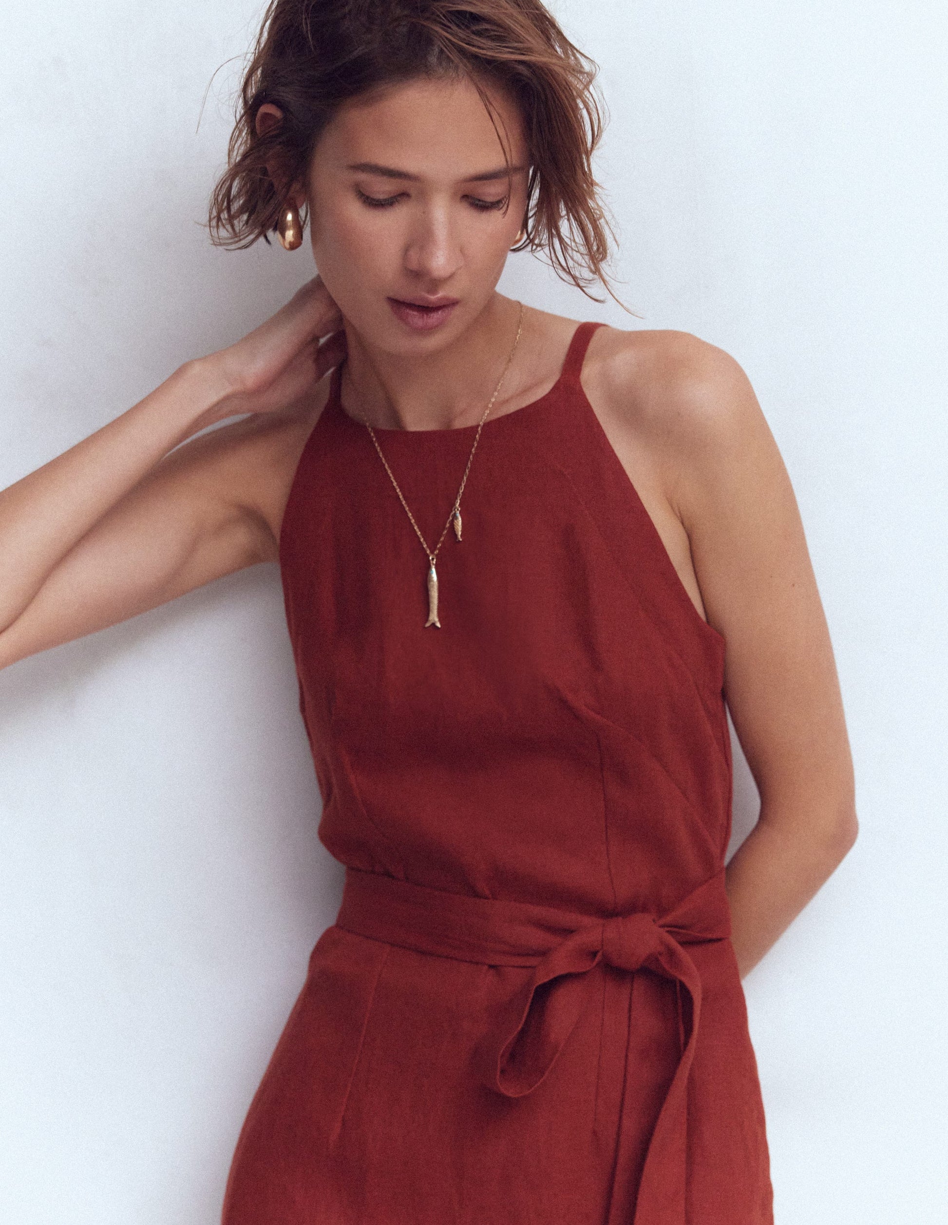 Rosa Halter Linen Midi Dress-Burnt Orange-2