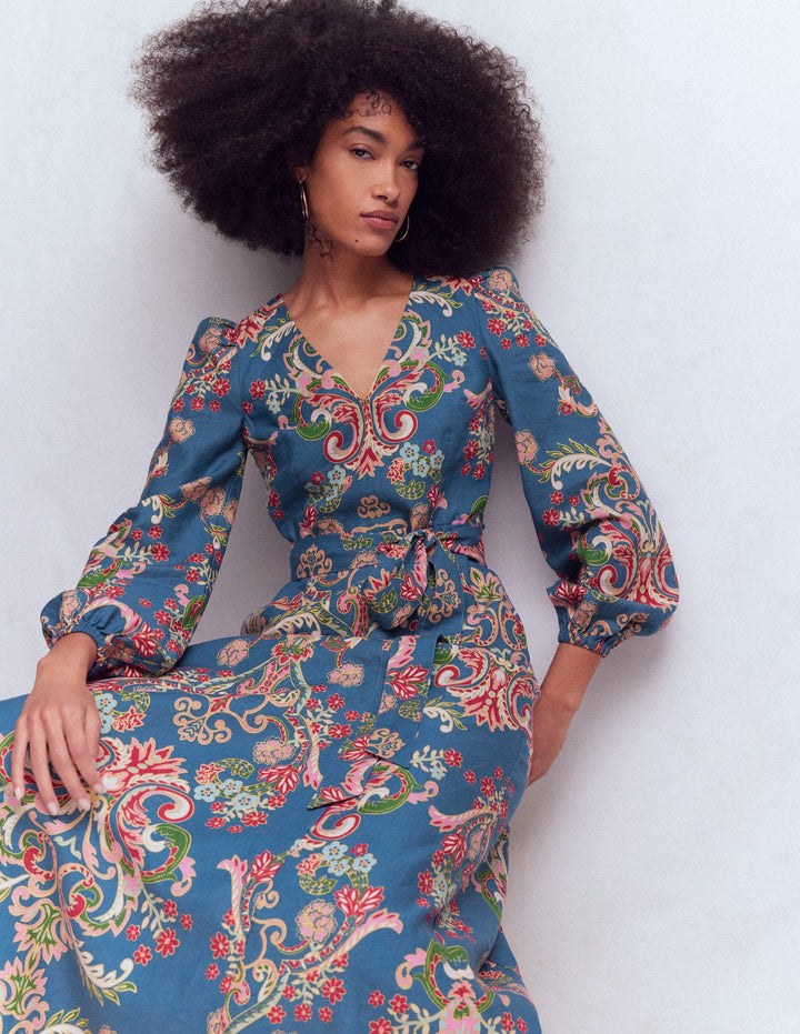 Florence Linen Blend Dress-Blue, Enchanting Bouquet