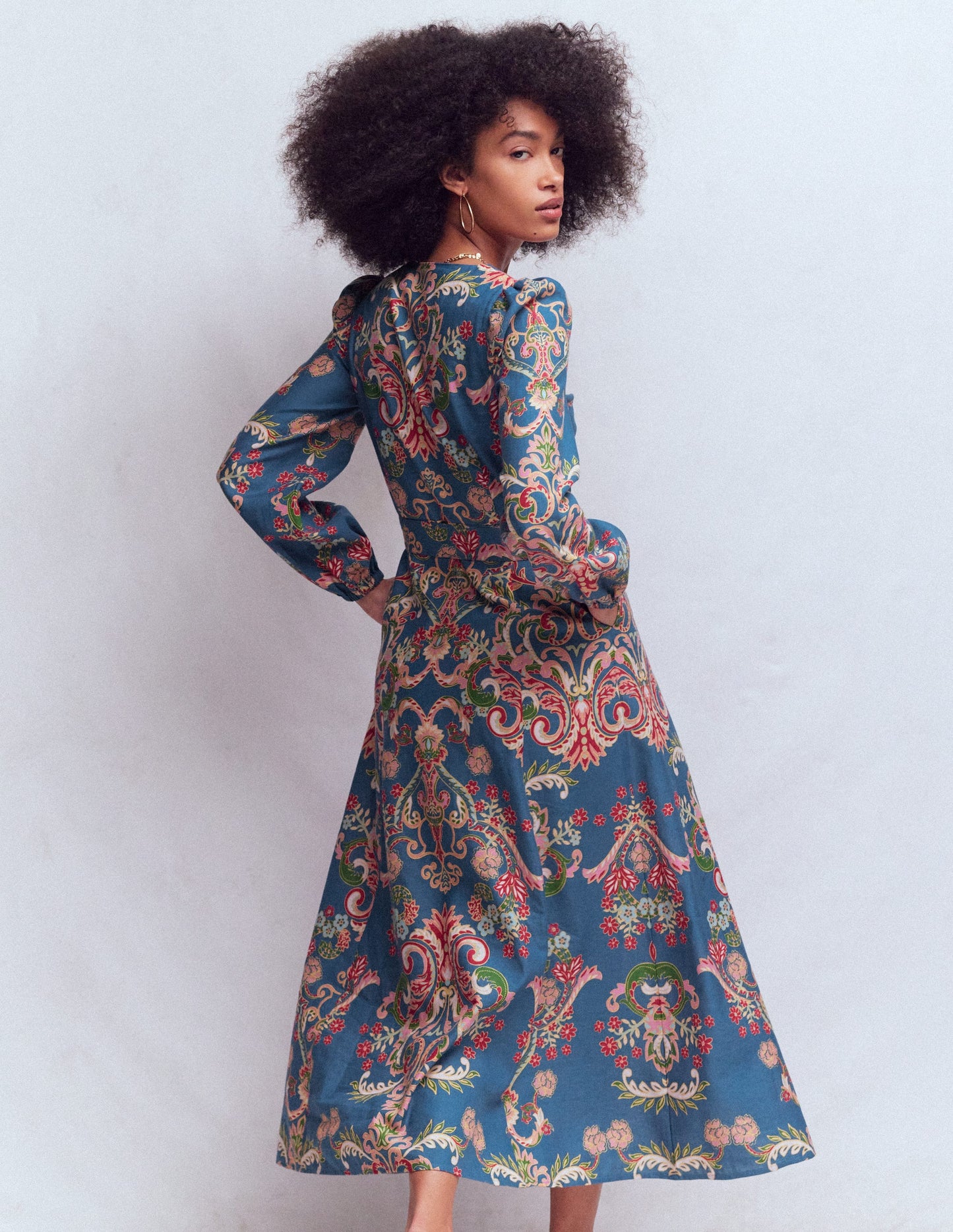 Florence Linen Blend Dress-Blue, Enchanting Bouquet