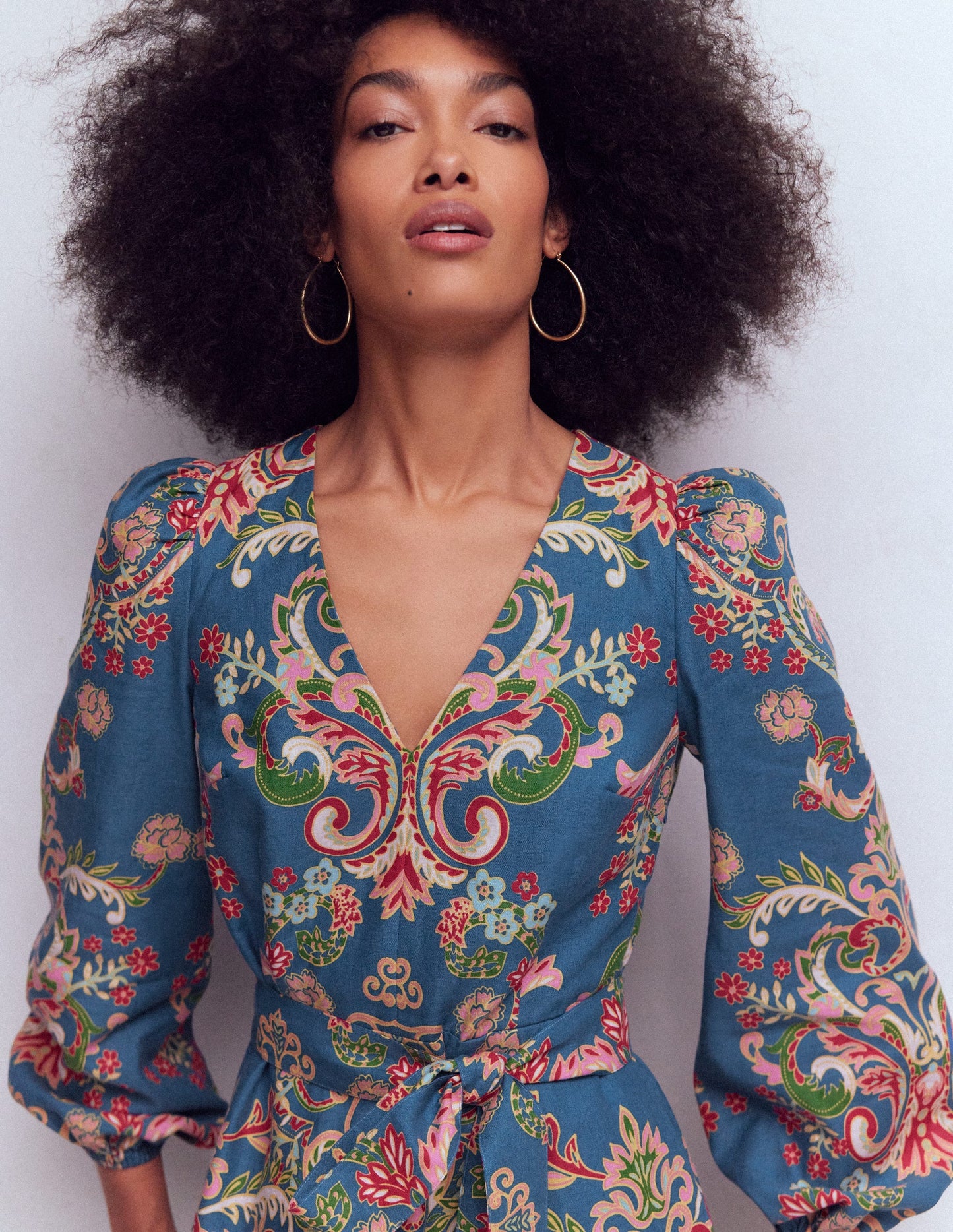 Florence Linen Blend Dress-Blue, Enchanting Bouquet