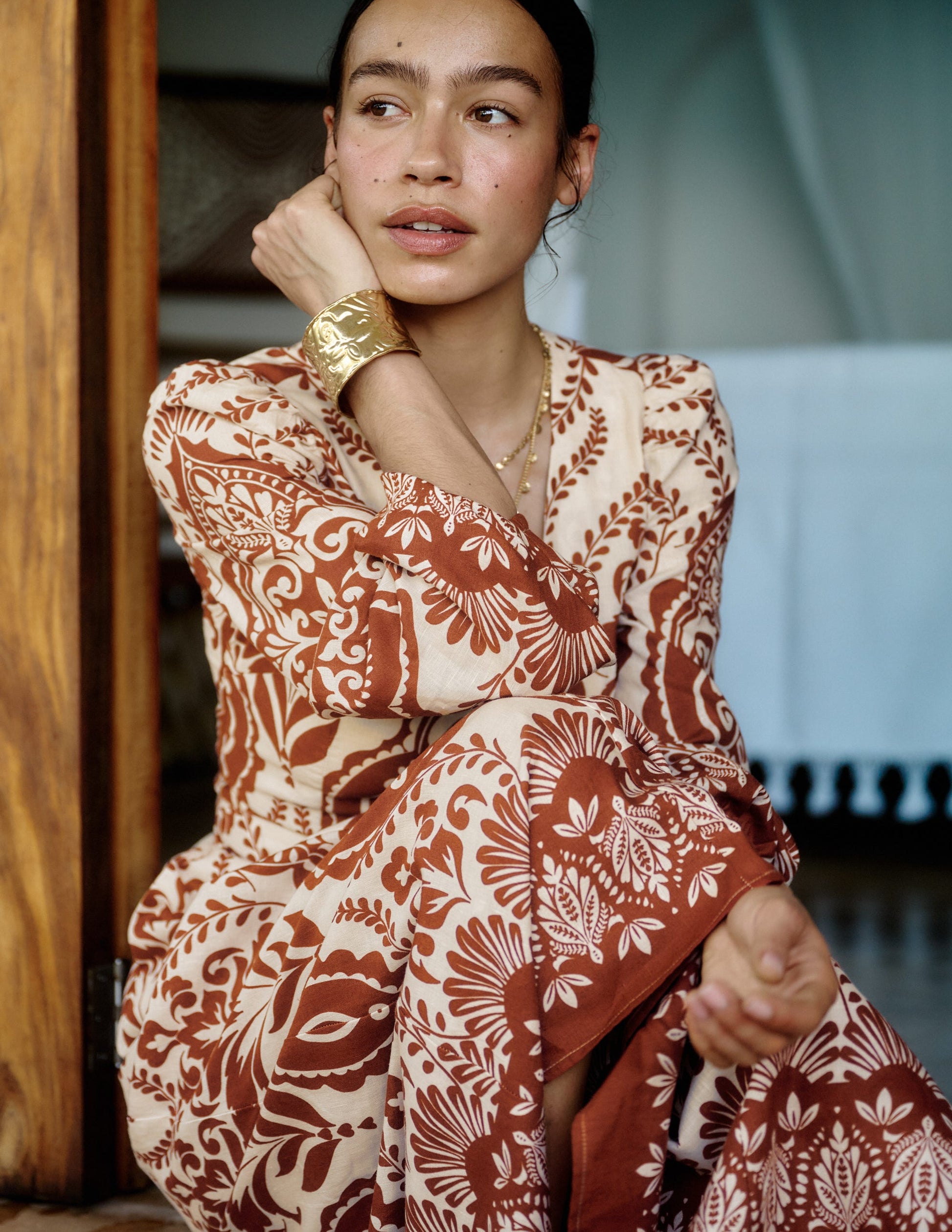 Florence Linen Blend Dress-Brown Ornamental Garden-4