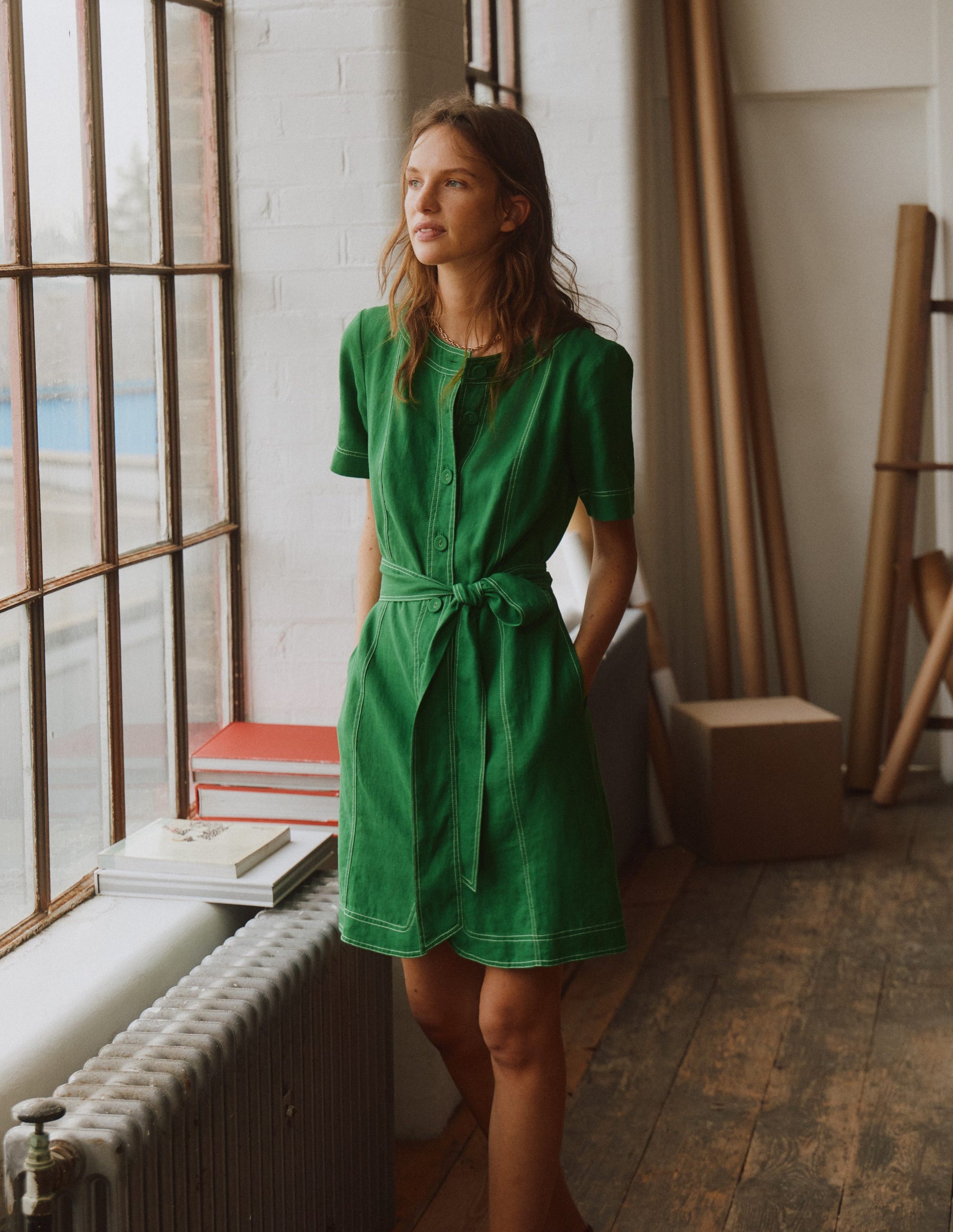 Callie Linen Short Dress-Highland Green-5