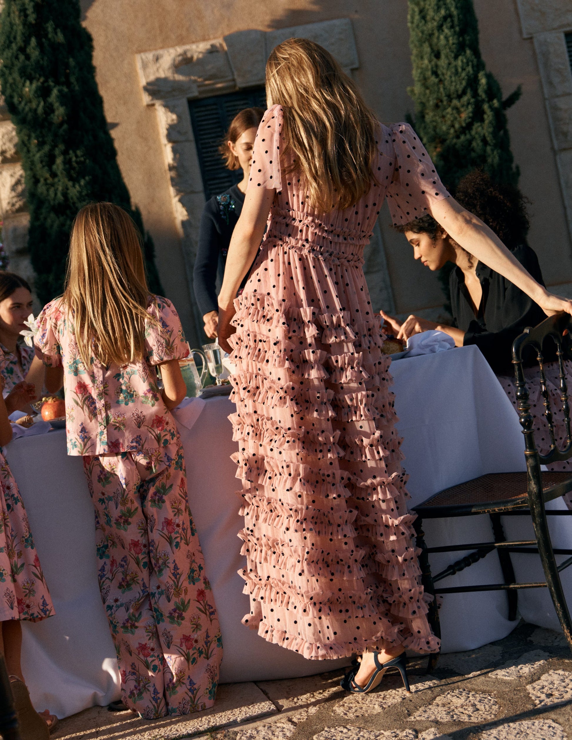 V-neck Ruffle Tulle Dress-Ivory Black Spot-6