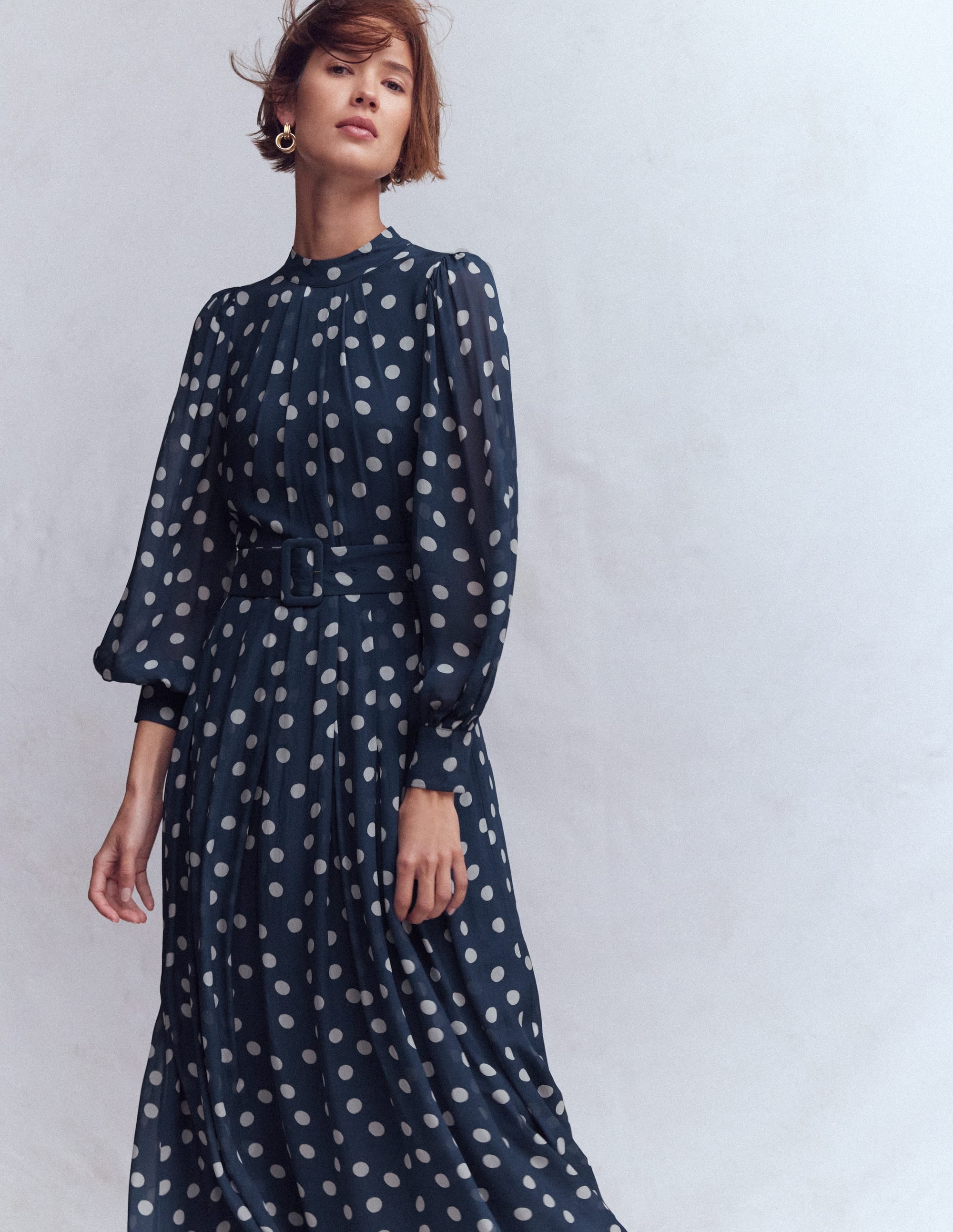 High Neck Occasion Dress-French Navy, Painted Dot - Image 1