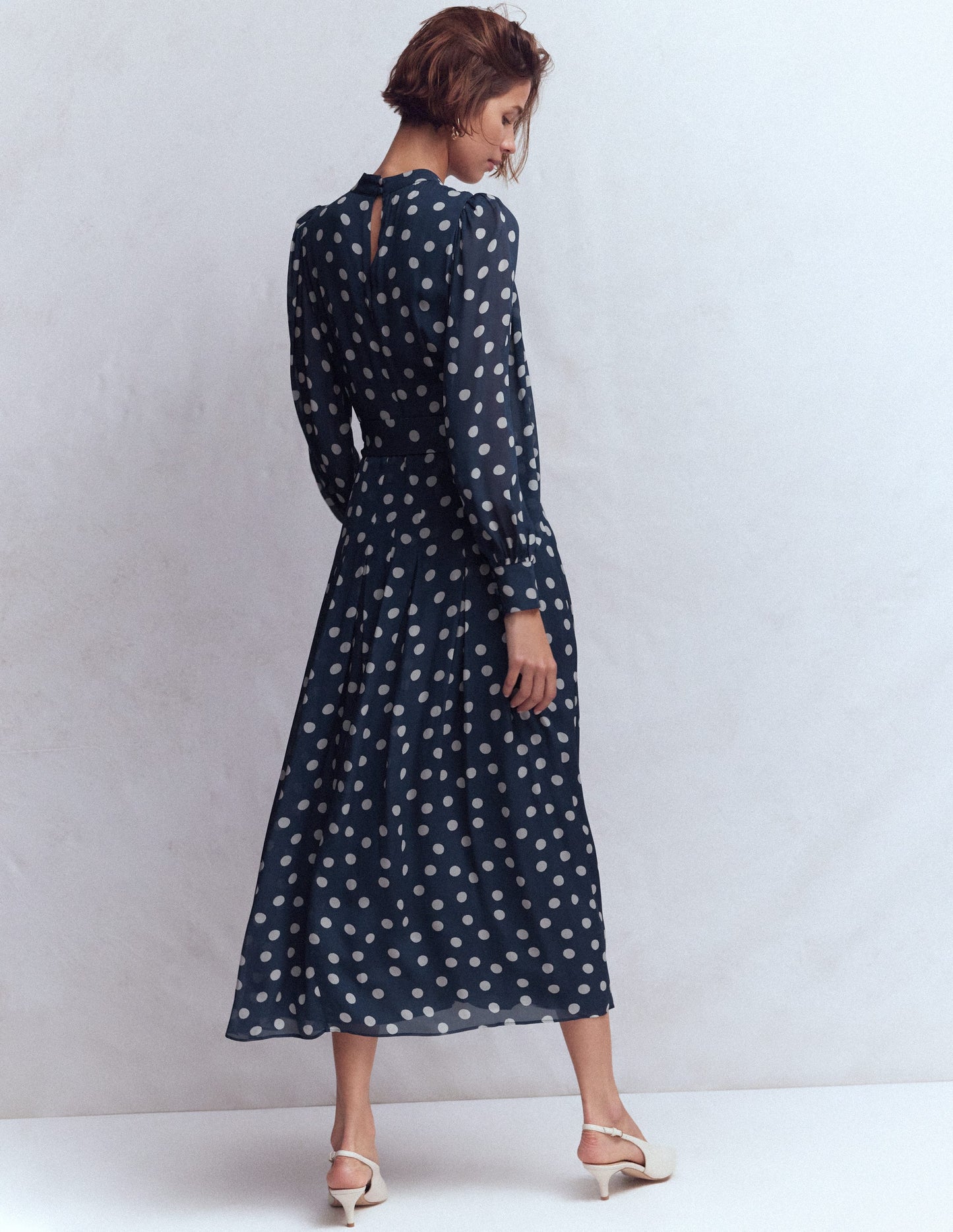 High Neck Occasion Dress-French Navy/Ivory Spot