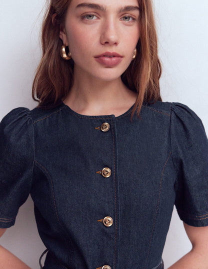 Button Detail Denim Dress-Indigo-3