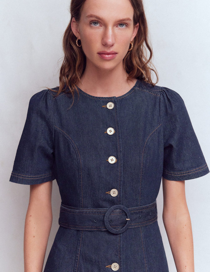 Button Detail Denim Dress - Indigo Wash