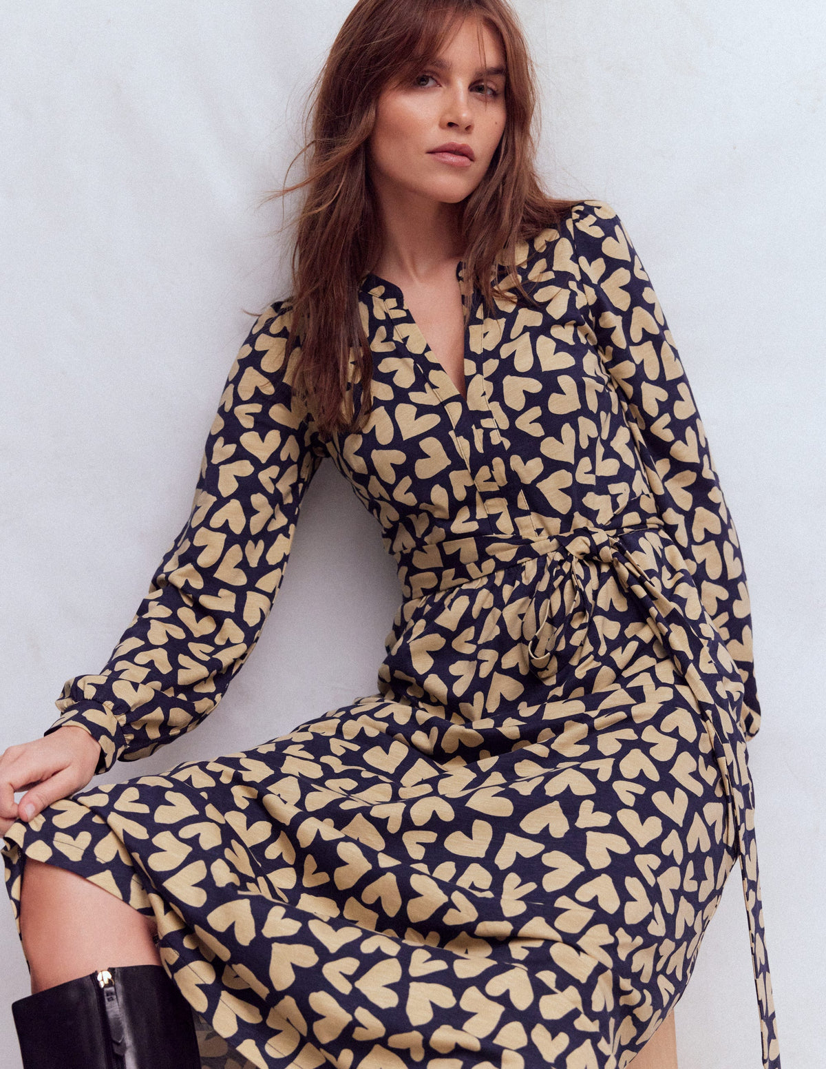 Naomi Long Sleeve Jersey Dress-French Navy, Heart Scatter - Image 2