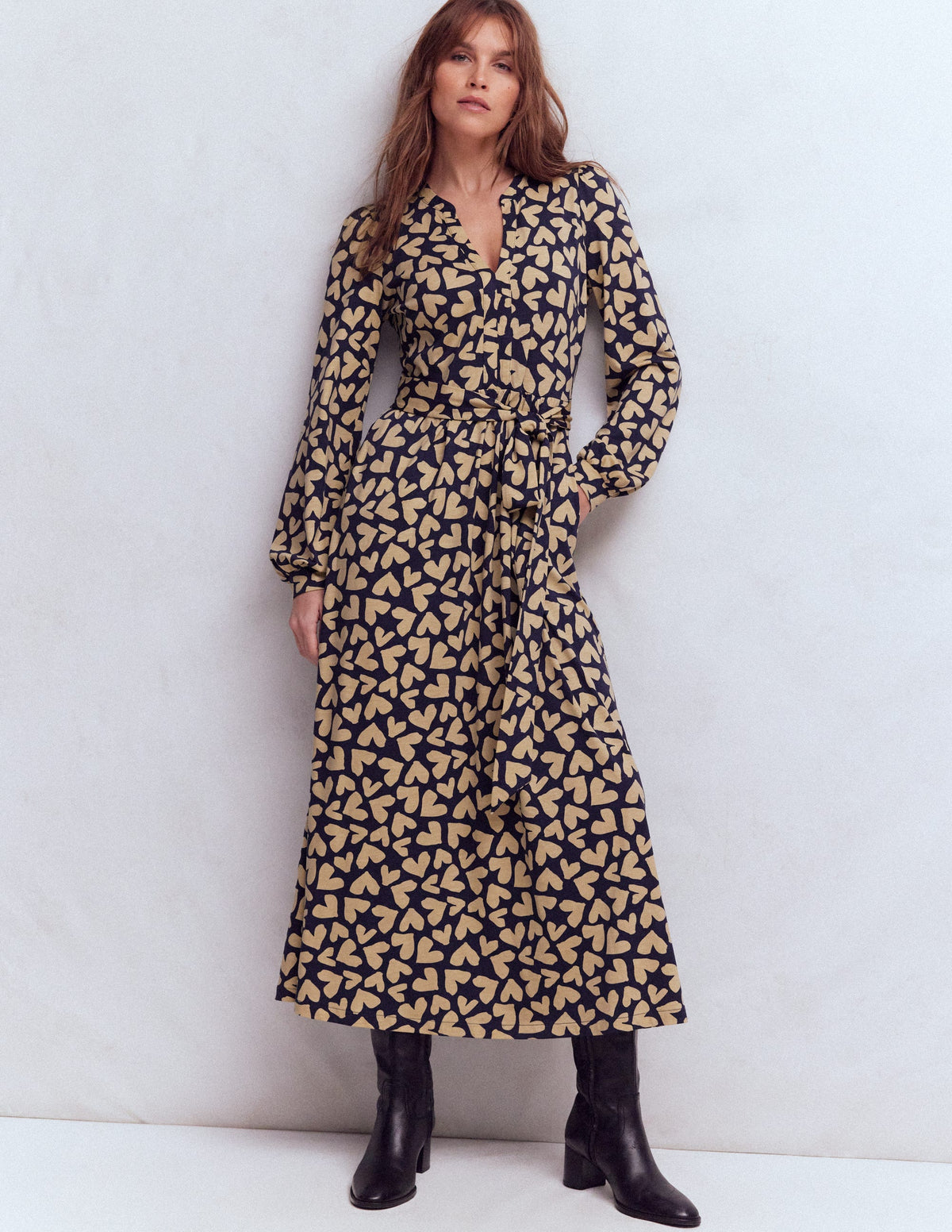 Naomi Long Sleeve Jersey Dress-French Navy, Heart Scatter - Image 1