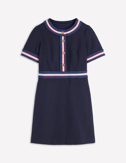 Button Short Dress-Navy Ribbon Trim-5