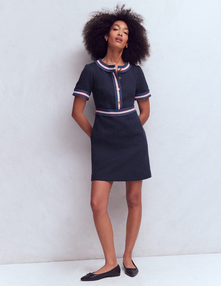 Button Short Dress-Navy Ribbon Trim