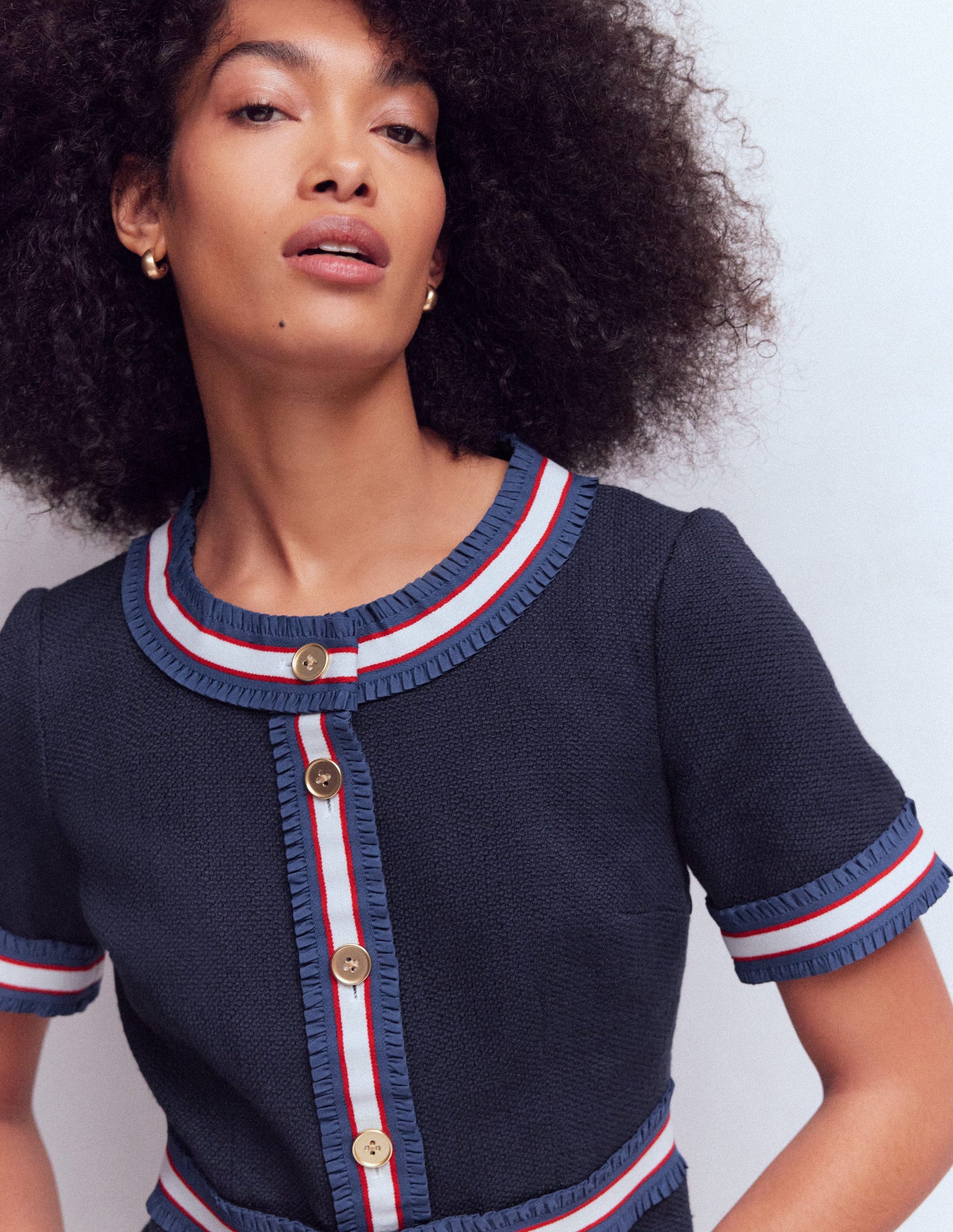 Button Short Dress-Navy Ribbon Trim-2