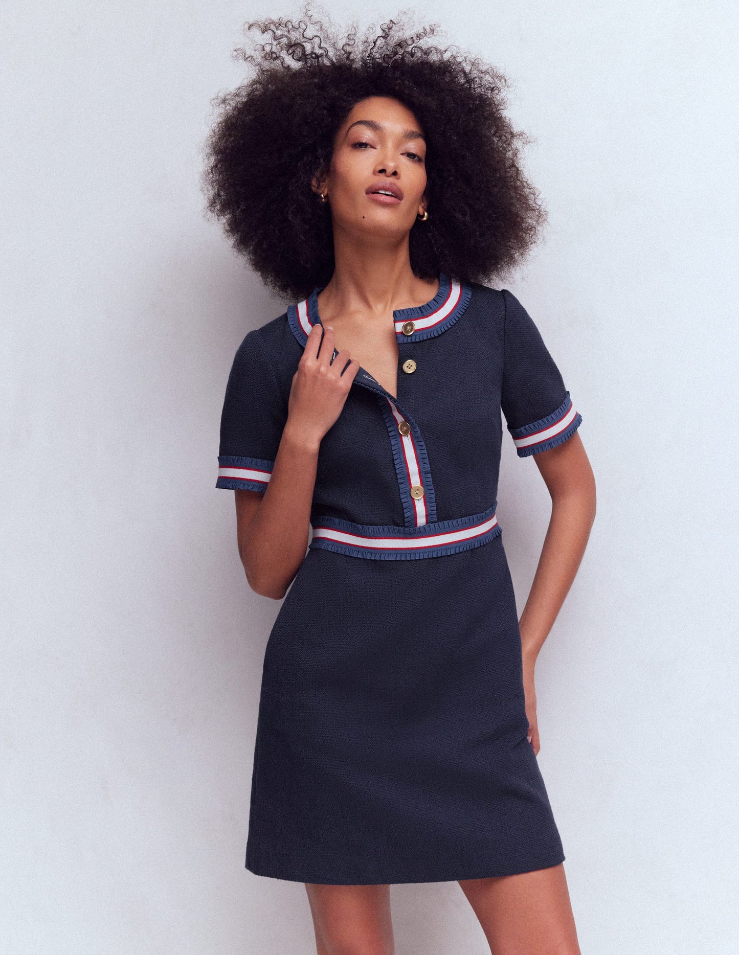 Button Short Dress-Navy Ribbon Trim