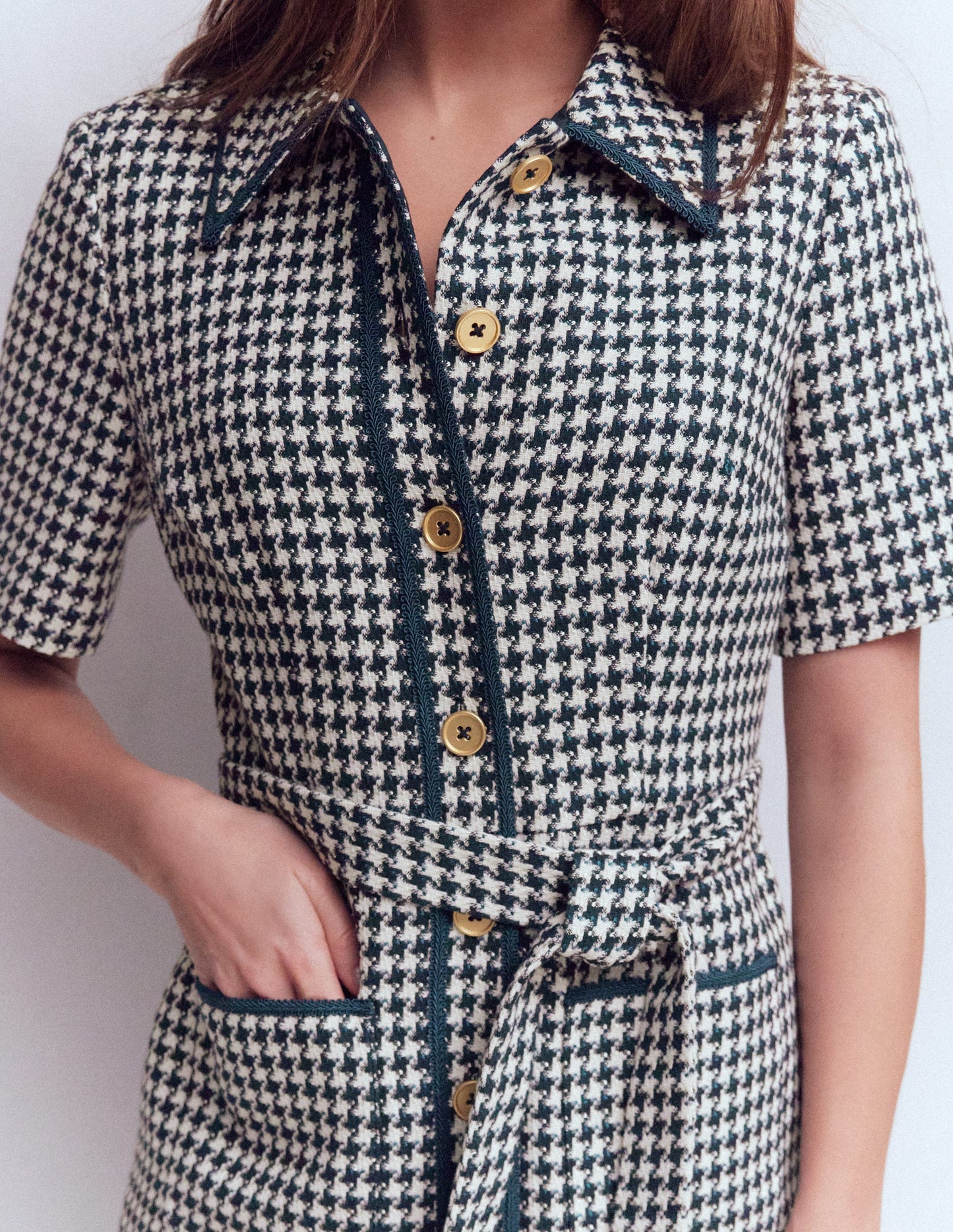 Loren Trim Short Dress-Navy Dogtooth