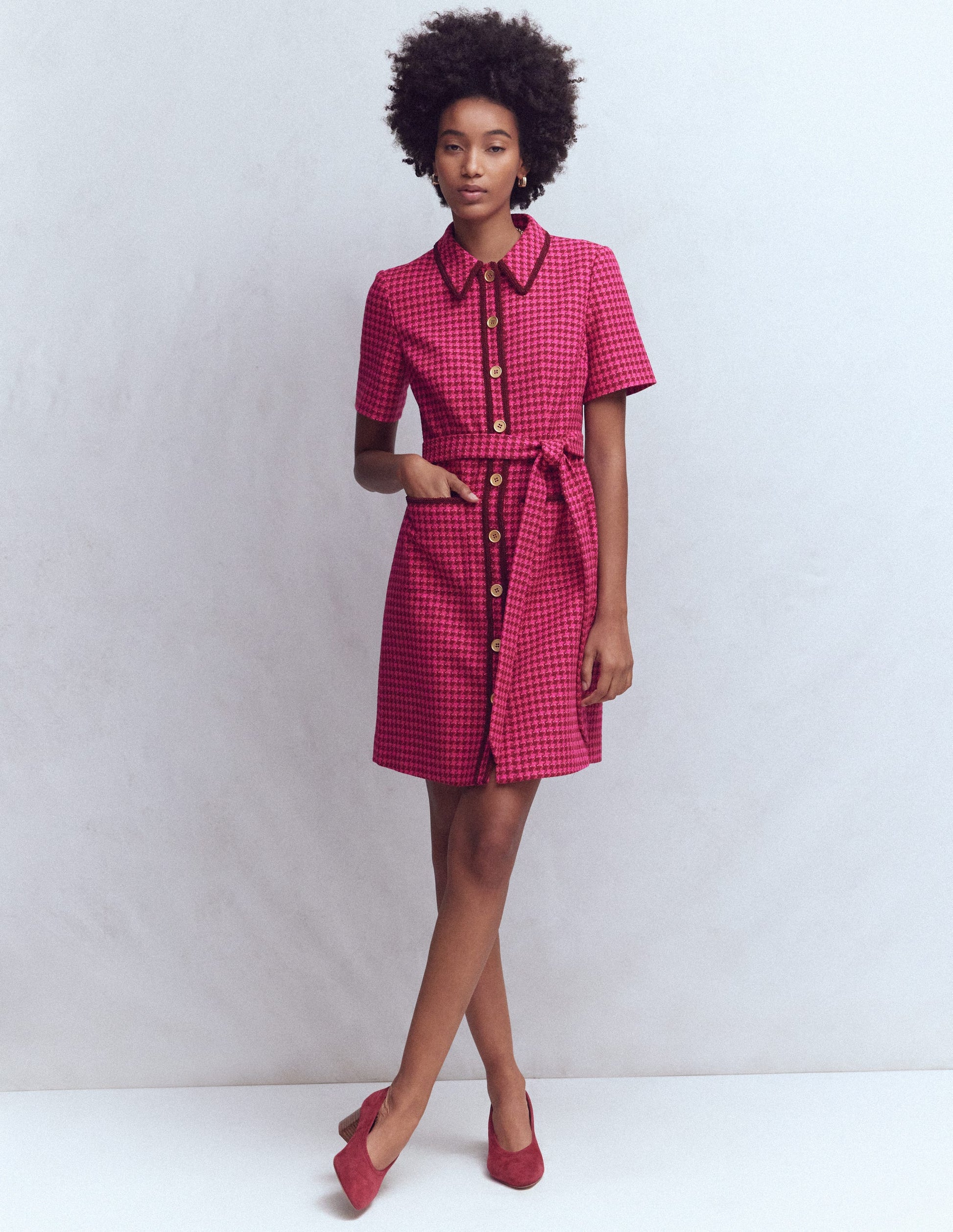Loren Trim Short Dress-Pink Dogtooth-4