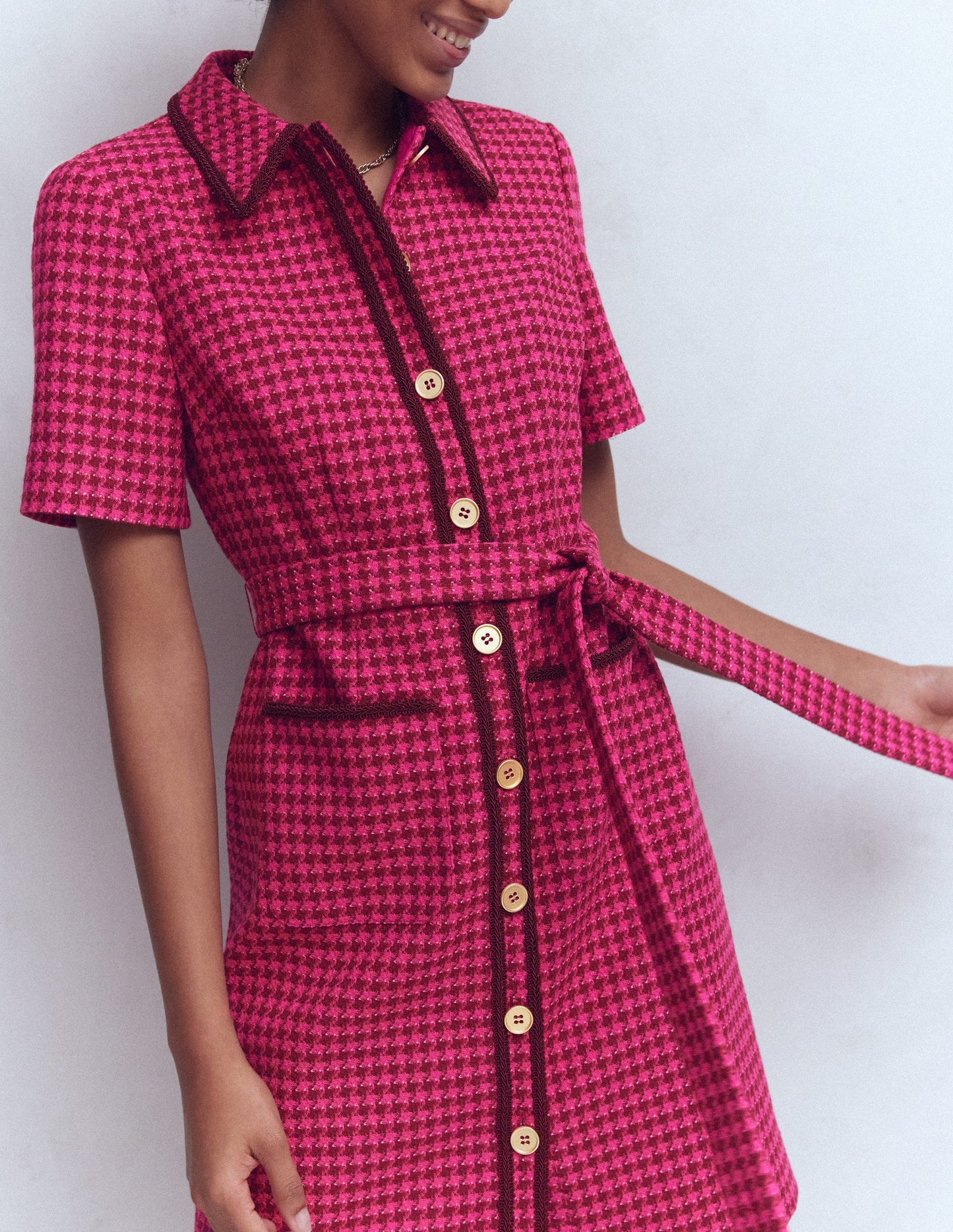 Loren Trim Short Dress-Pink Dogtooth