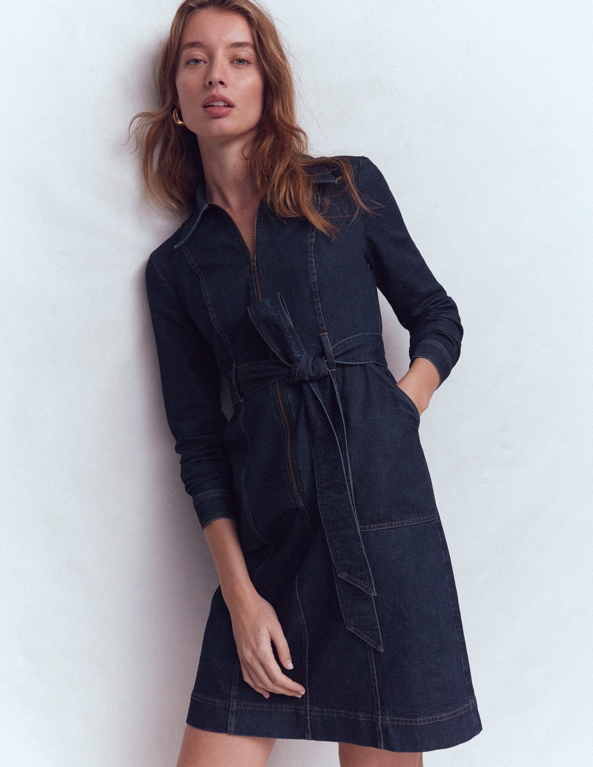 Zip Denim Short Dress-Indigo-1