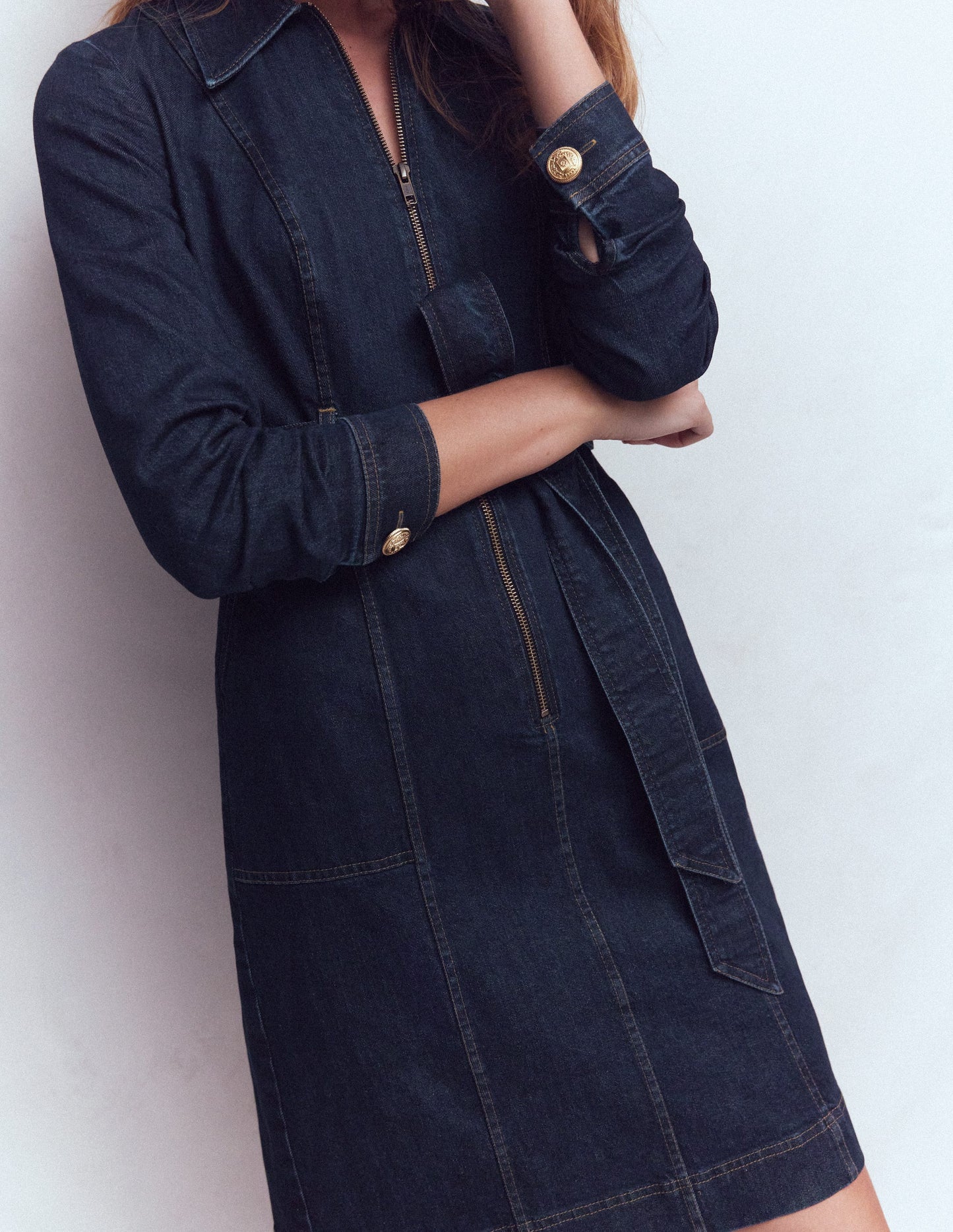 Zip Denim Short Dress-Indigo