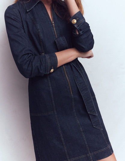 Zip Denim Short Dress-Indigo-3