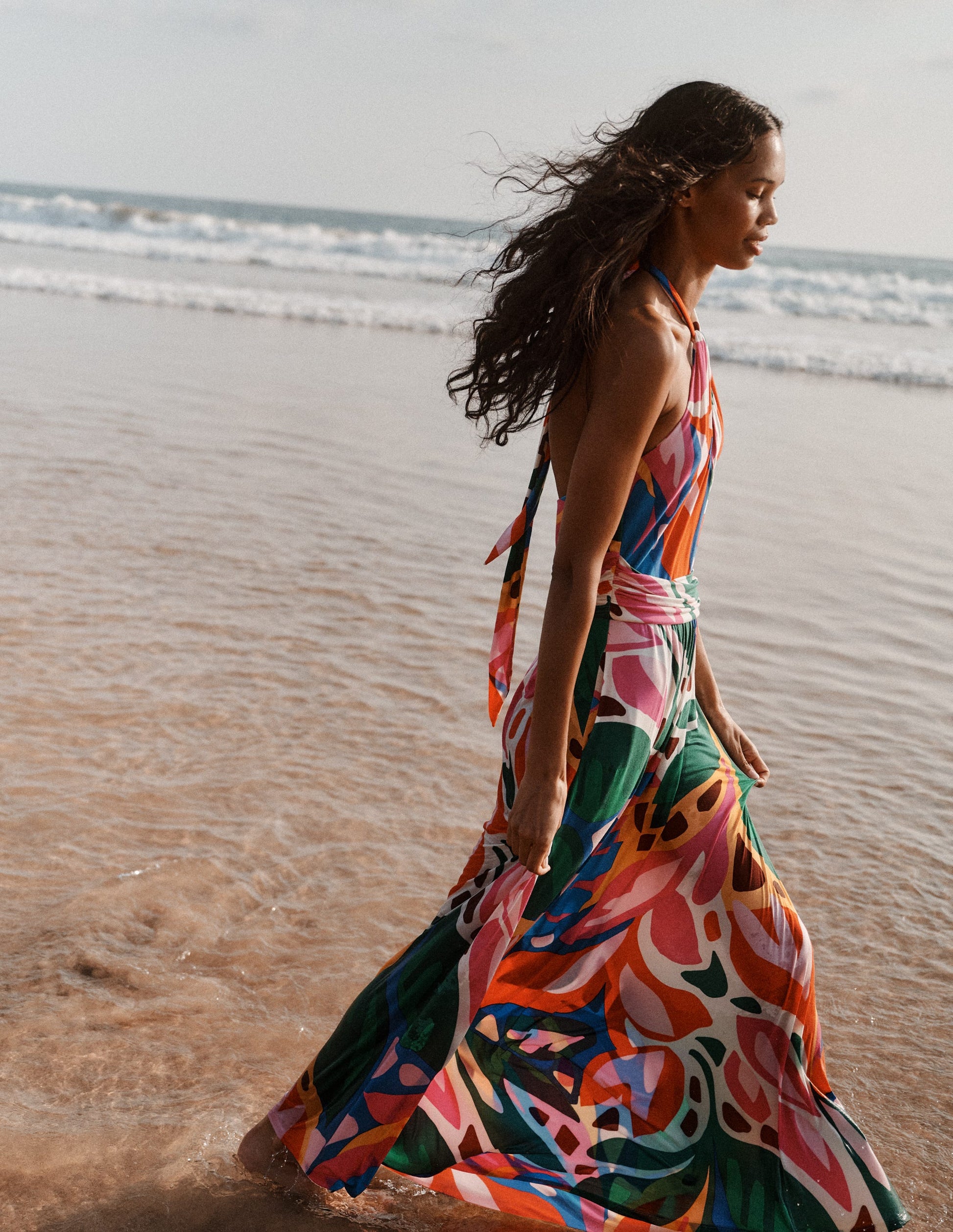 Sydney Twist Neck Jersey Dress - Multi, Leafy Cascade