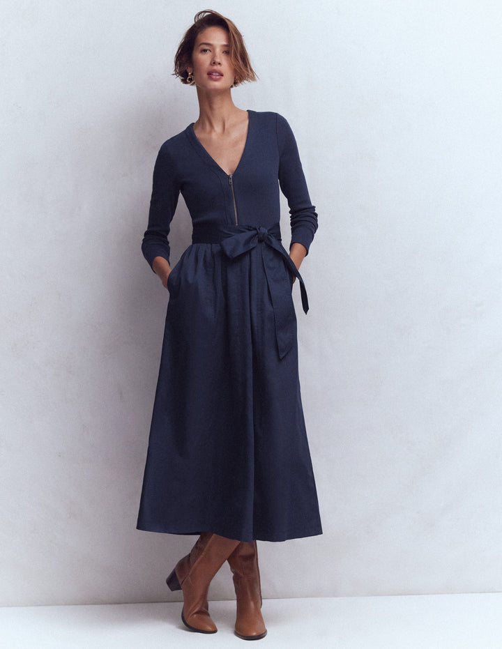 Long Sleeve Mix Media Dress-Navy