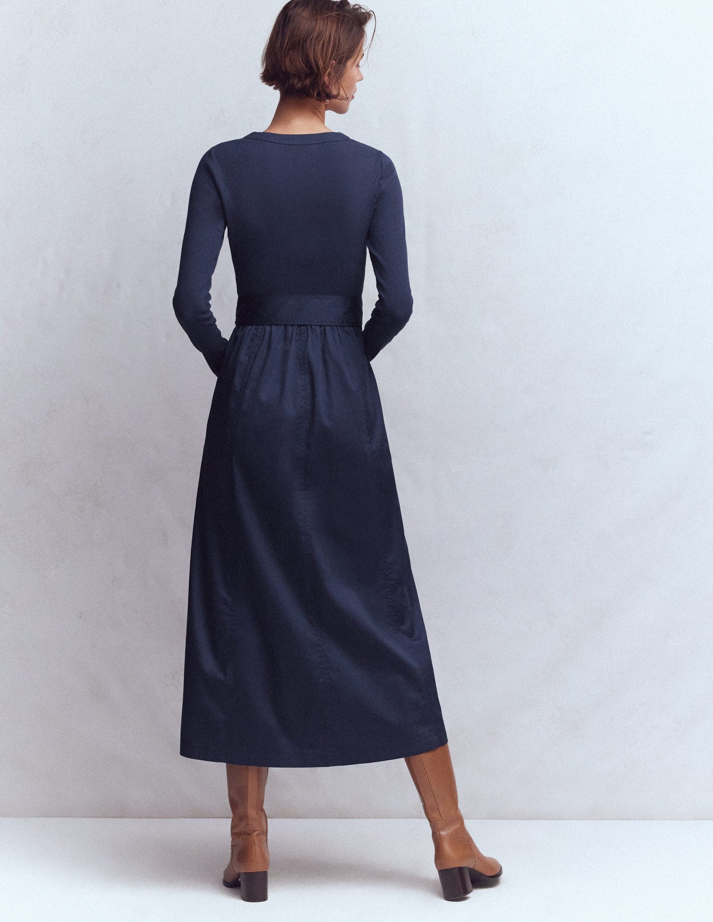 Long Sleeve Mix Media Dress-Navy