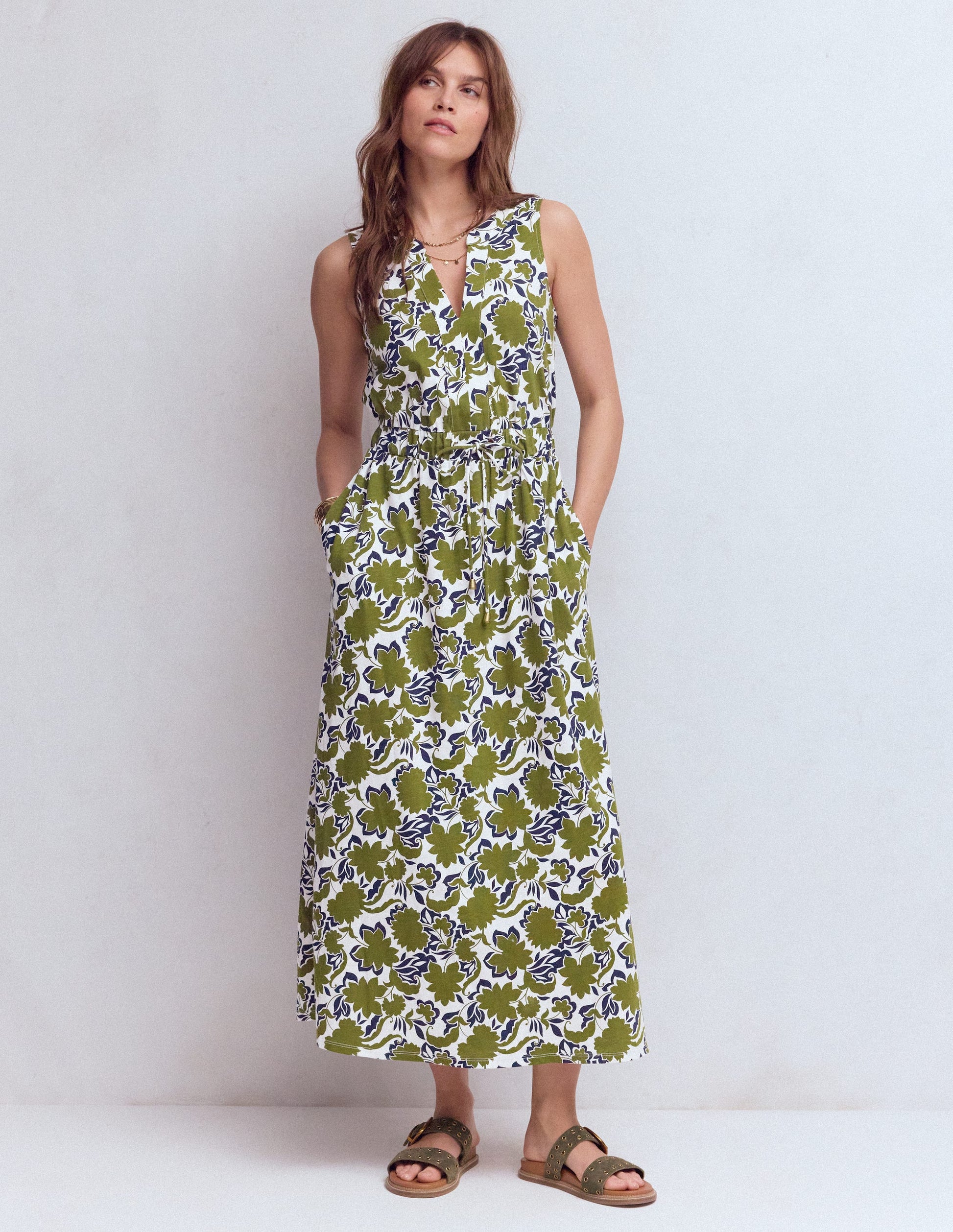 Delphine Midi Jersey Dress-Olive, Shadow Blossom-1