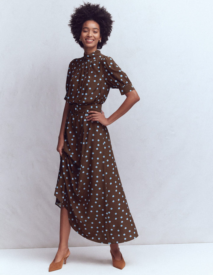High Neck Belted Dress-Raw Umber, Painted Dot