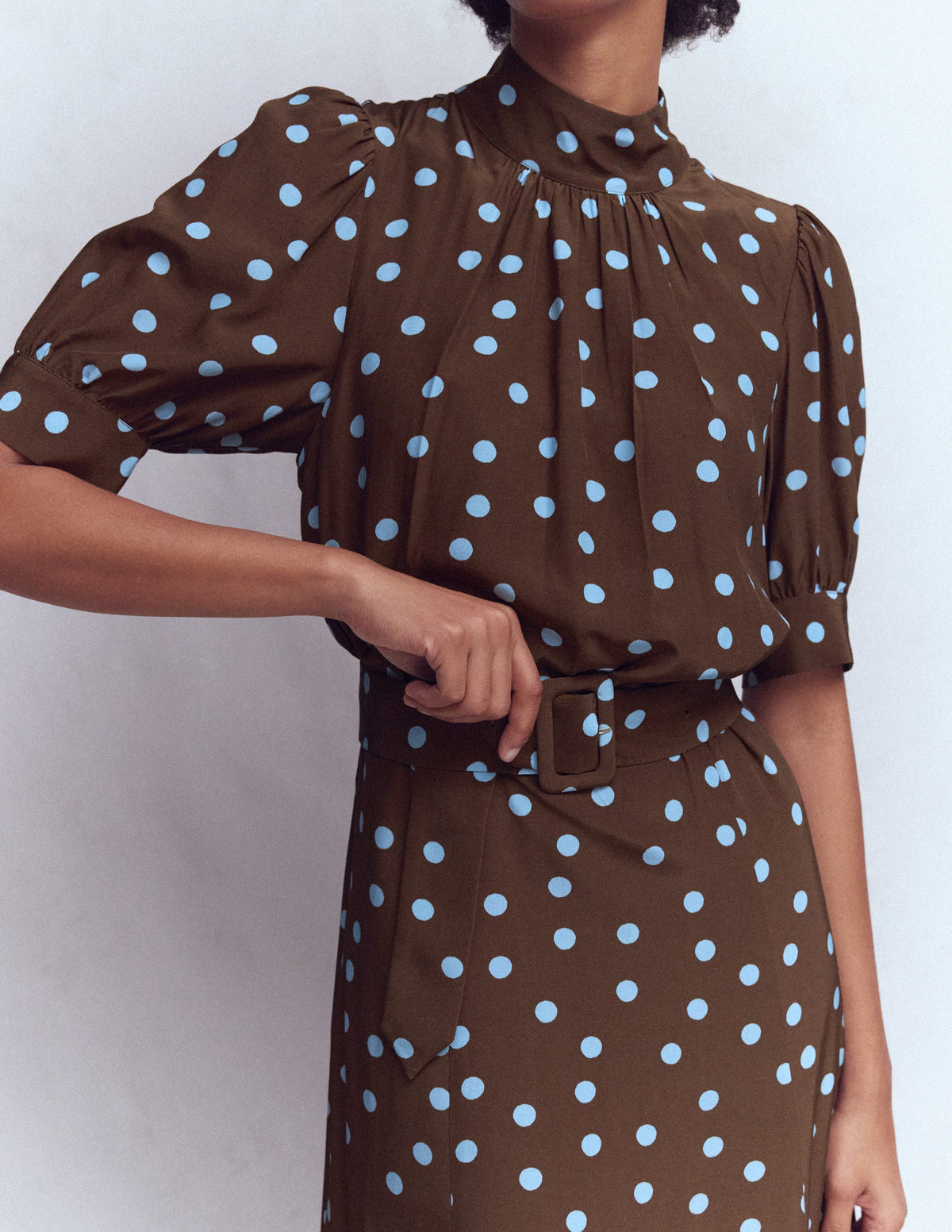 High Neck Belted Dress-Raw Umber, Painted Dot - Image 2