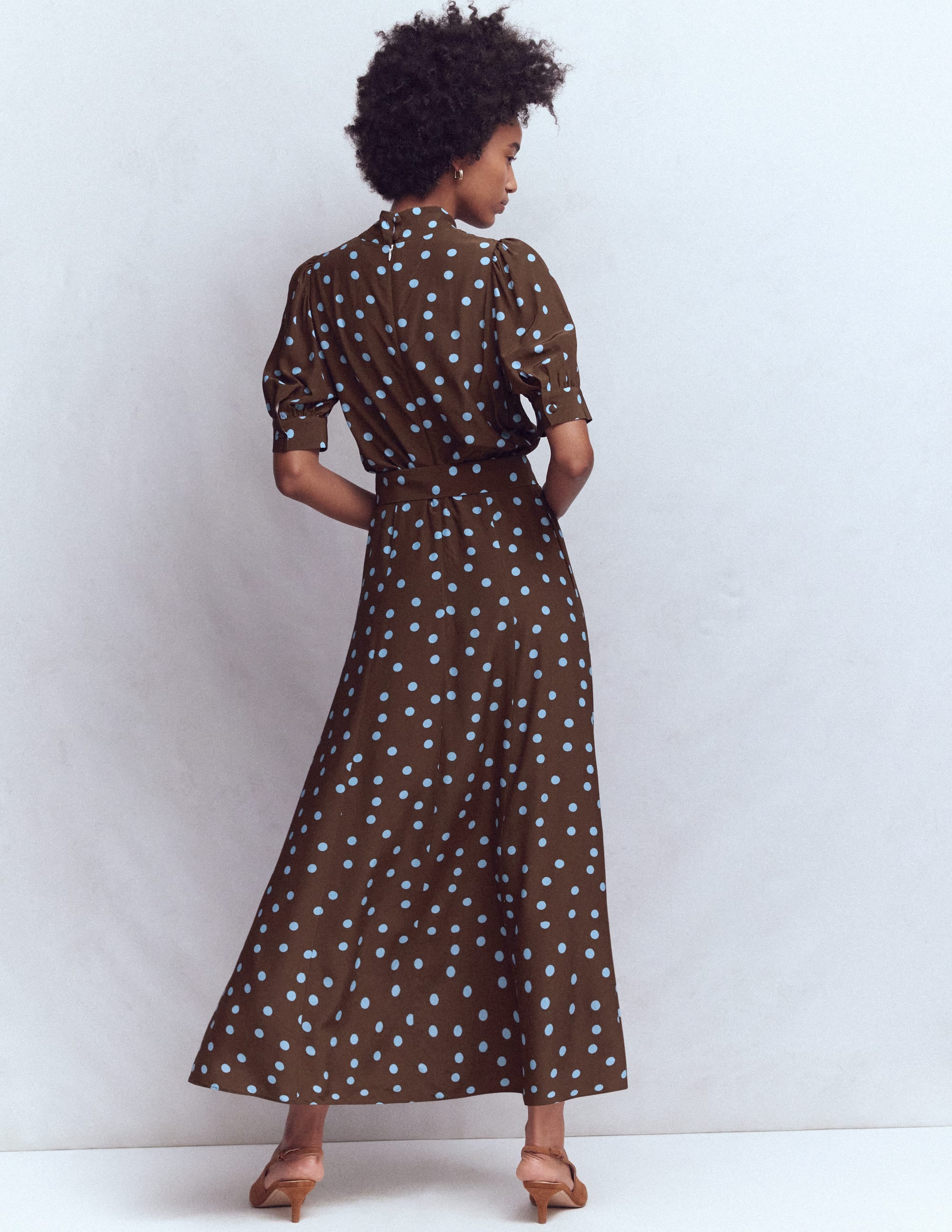 High Neck Belted Dress-Raw Umber, Painted Dot - Image 3