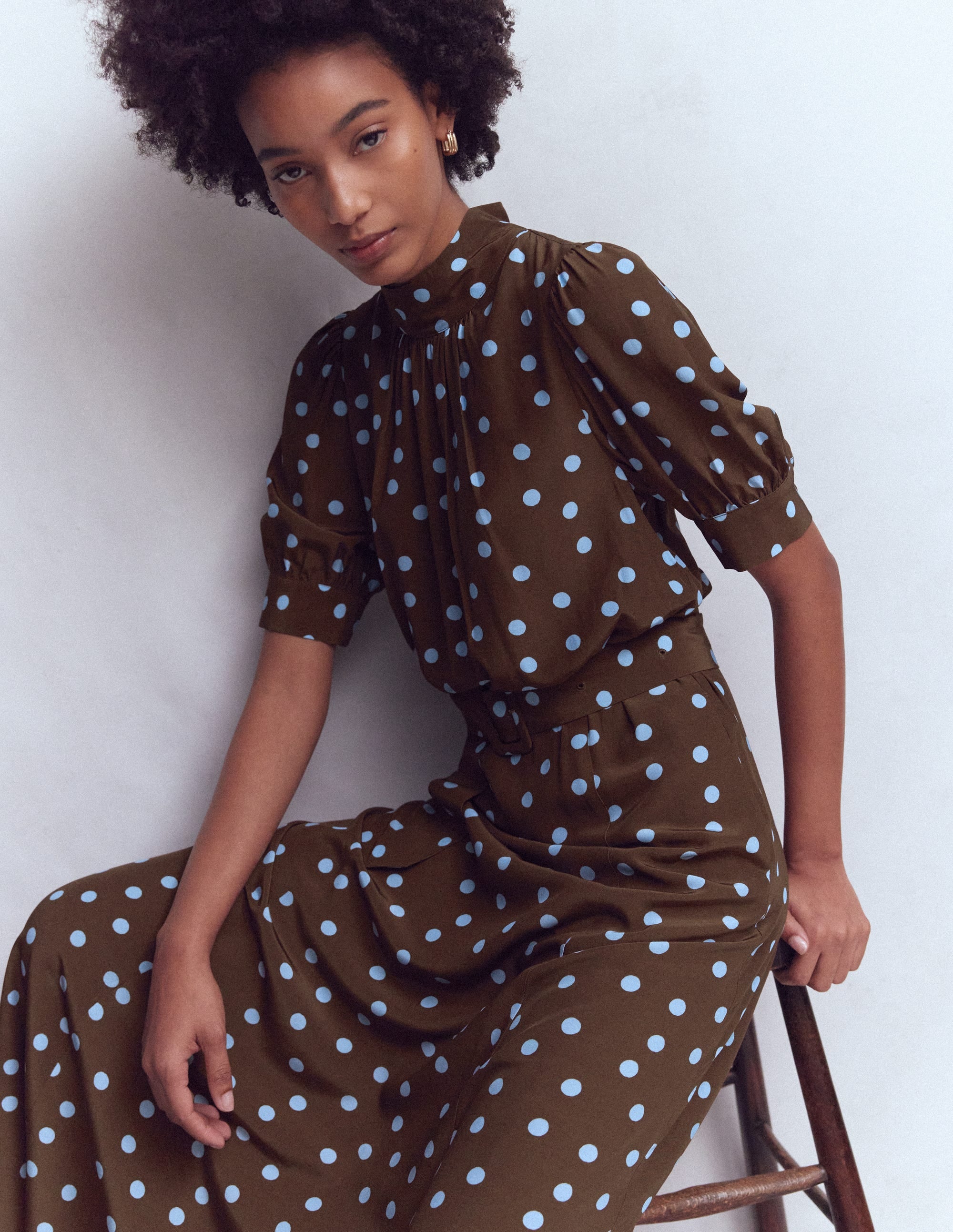 High Neck Belted Dress-Raw Umber, Painted Dot - Image 4