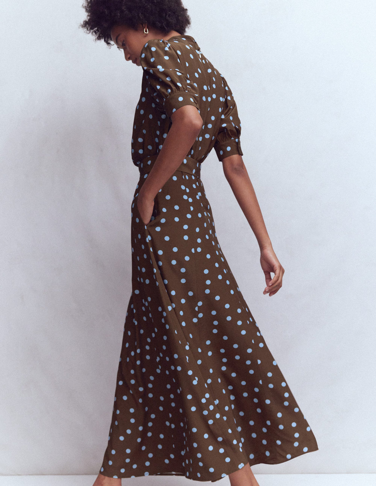 High Neck Belted Dress-Raw Umber, Painted Dot - Image 5