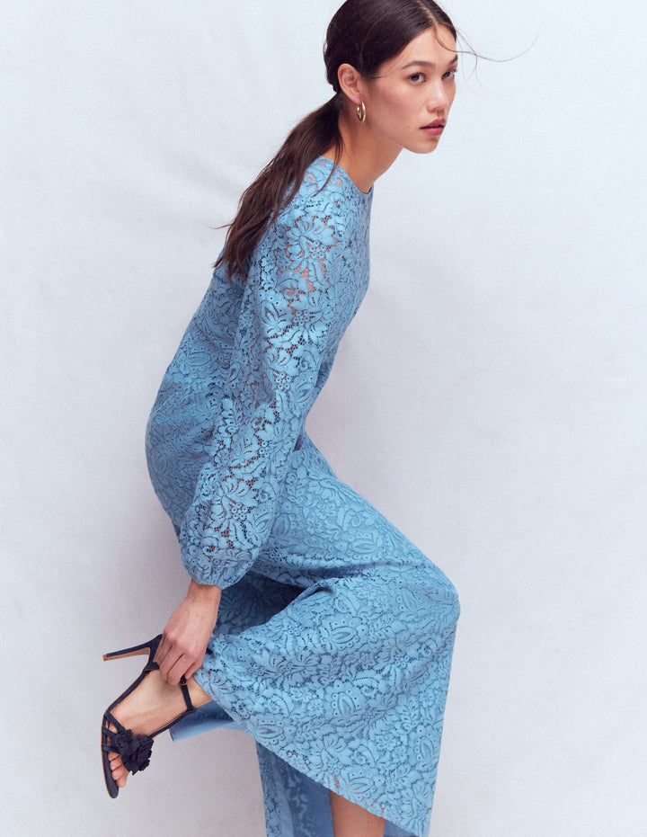 High Neck Lace Dress-Blue