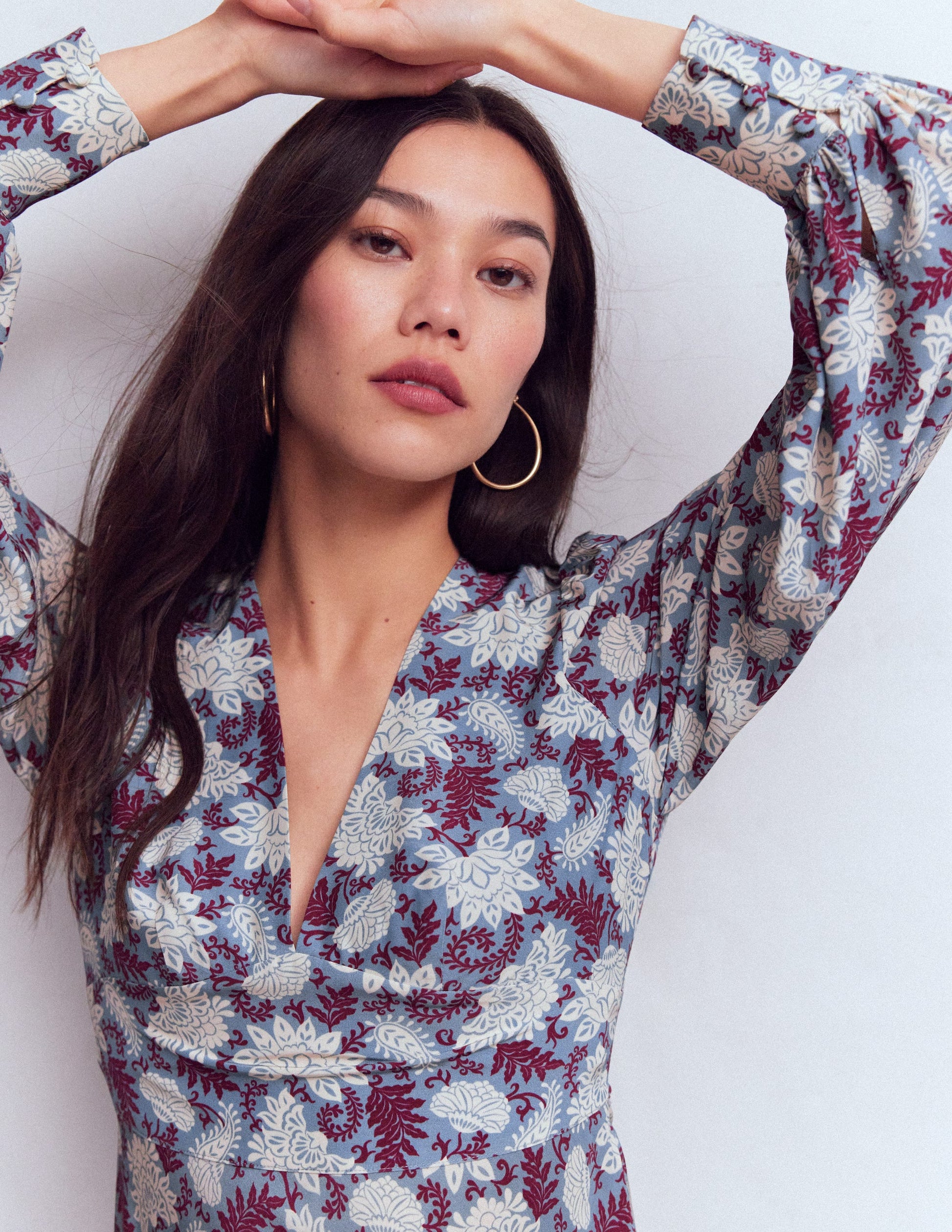 V-neck Blouson Sleeve Dress-Multi Blooming Flora-2