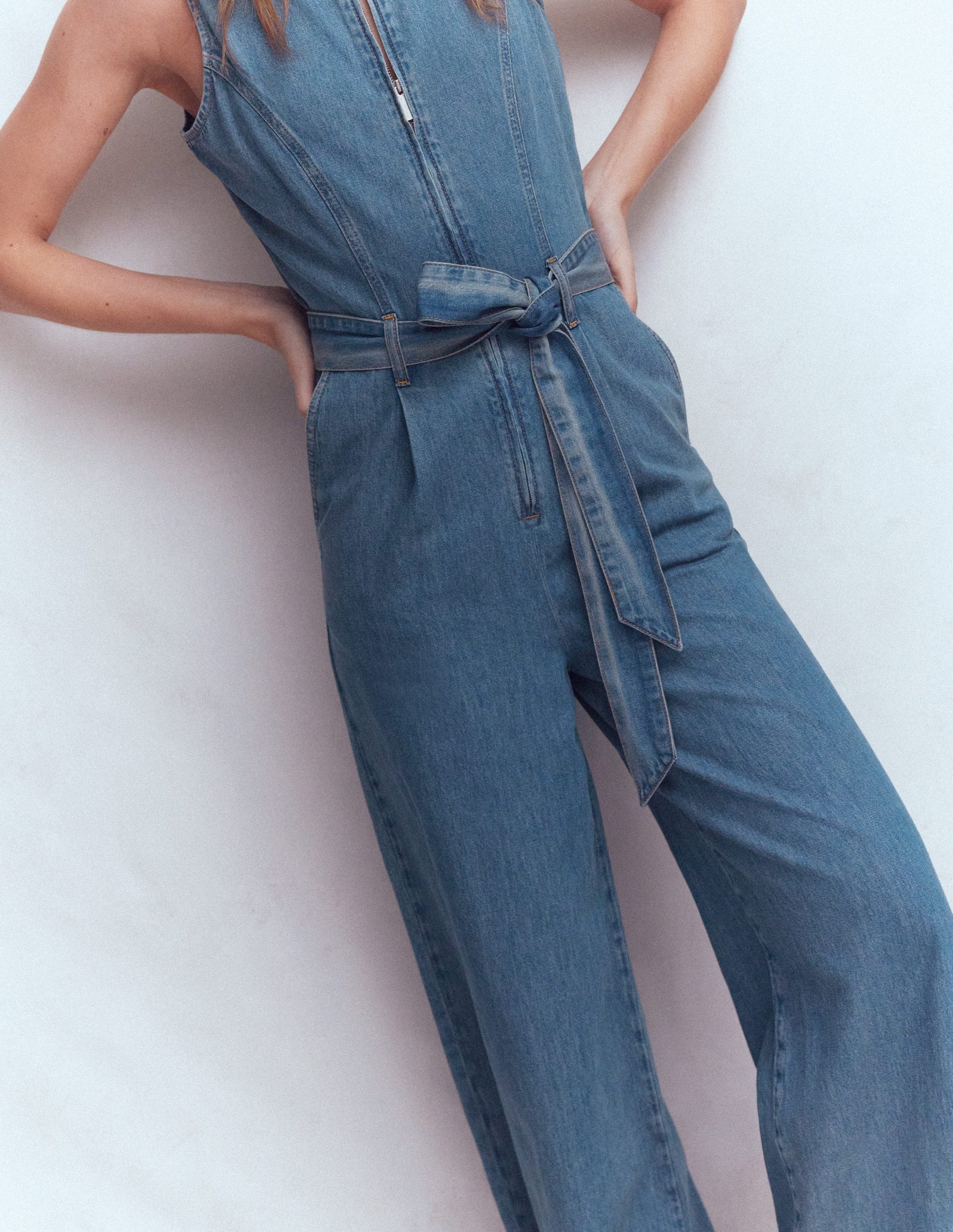 Sleeveless Denim Jumpsuit-Mid Vintage Wash-2