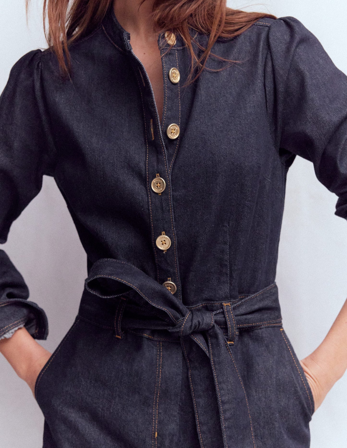 Bootcut Button Denim Jumpsuit-Indigo (Rinse Wash)