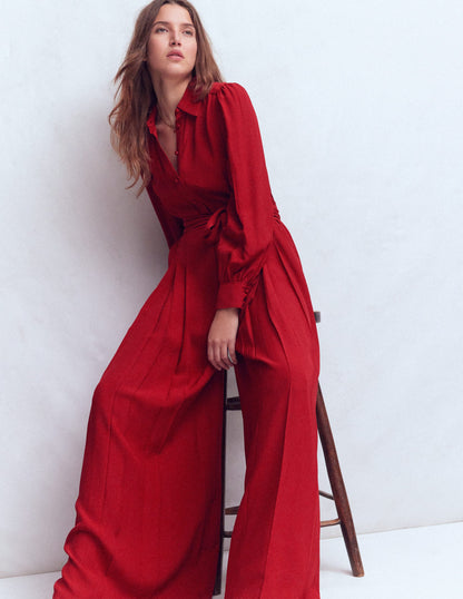 Button Up Palazzo Jumpsuit-Crimson Red-1