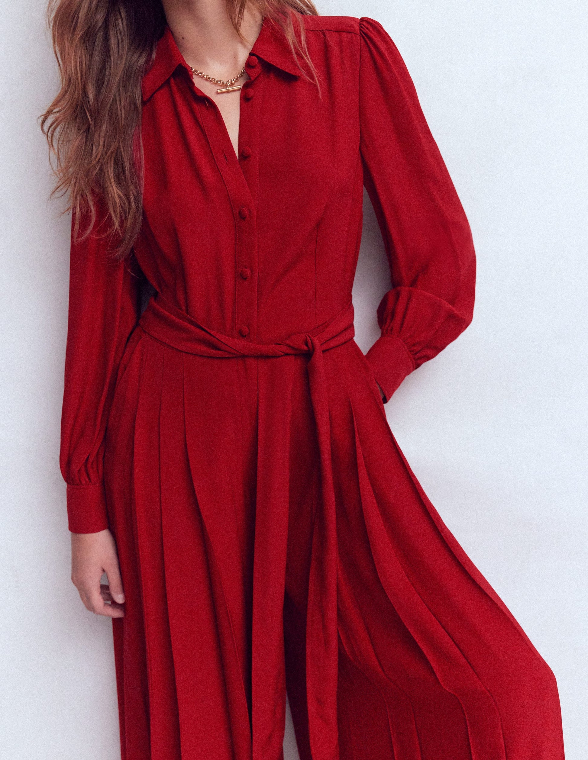 Button Up Palazzo Jumpsuit-Crimson Red-2