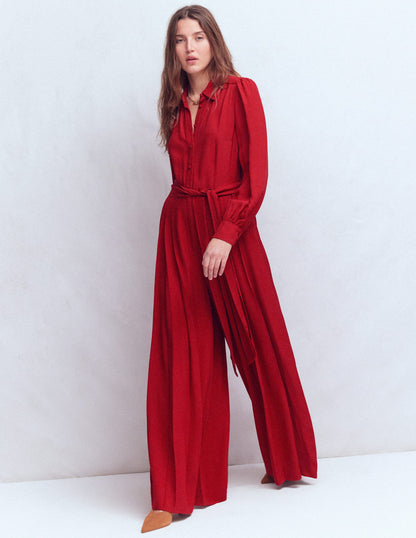 Button Up Palazzo Jumpsuit-Crimson Red-4