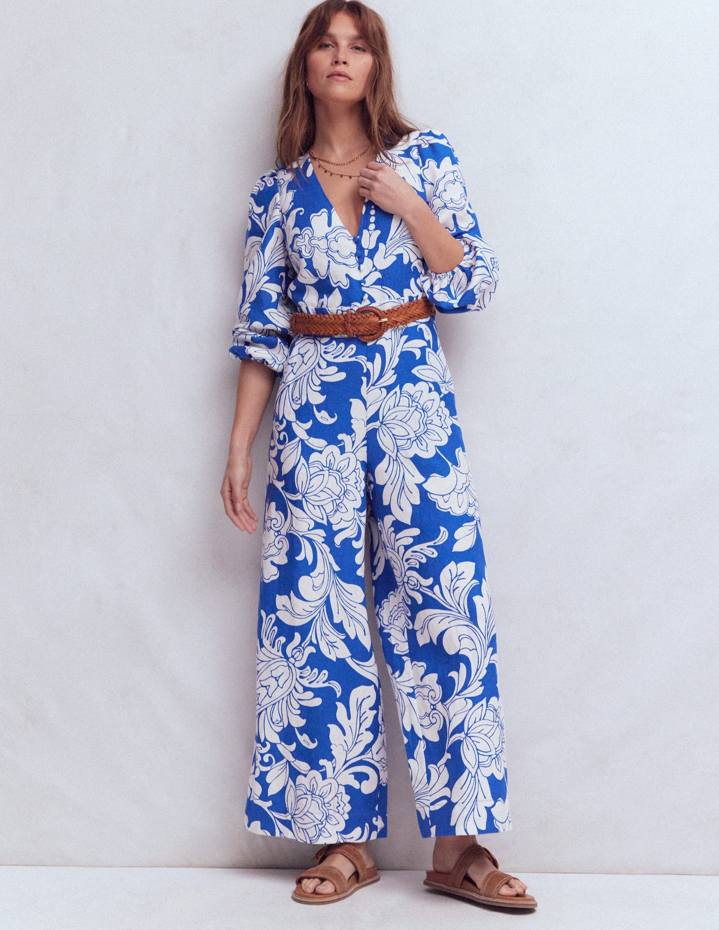 Lola Linen Jumpsuit-Blue Botanical Flourish Mono