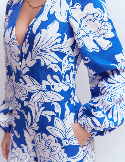 Lola Linen Jumpsuit-Blue Botanical Flourish Mono-2