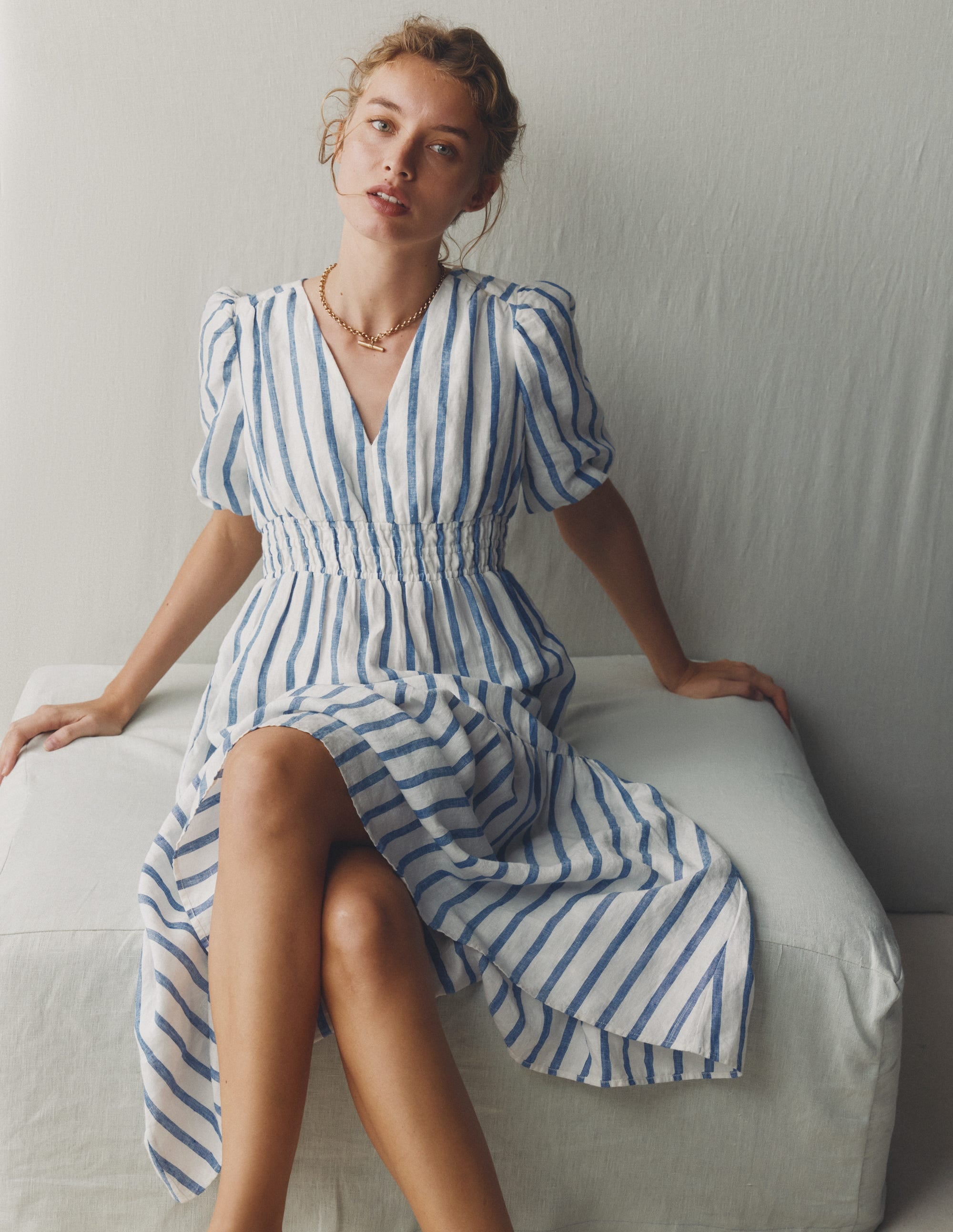 Irene Linen Midi Dress-Blue Stripe - Image 6