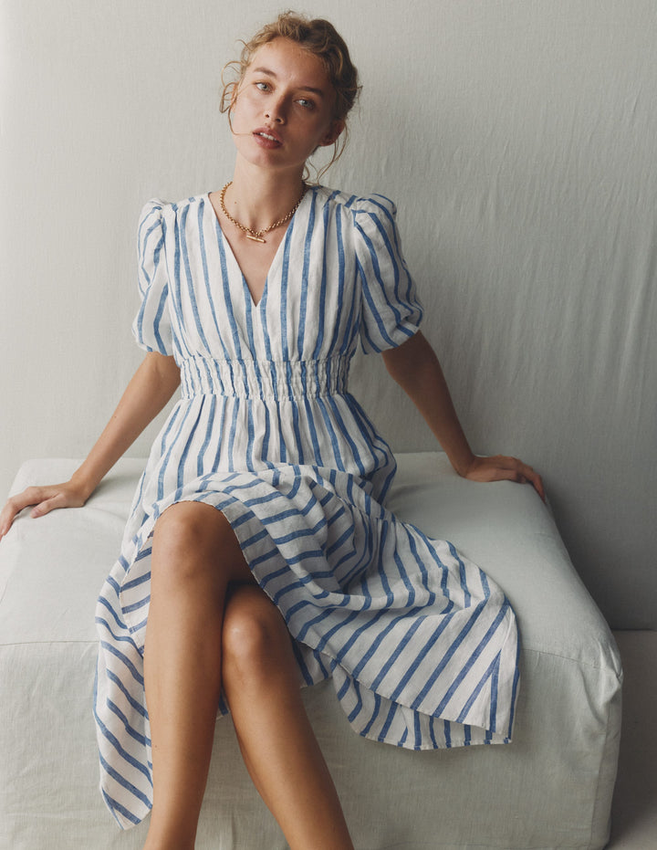 Irene Linen Midi Dress-Blue Stripe