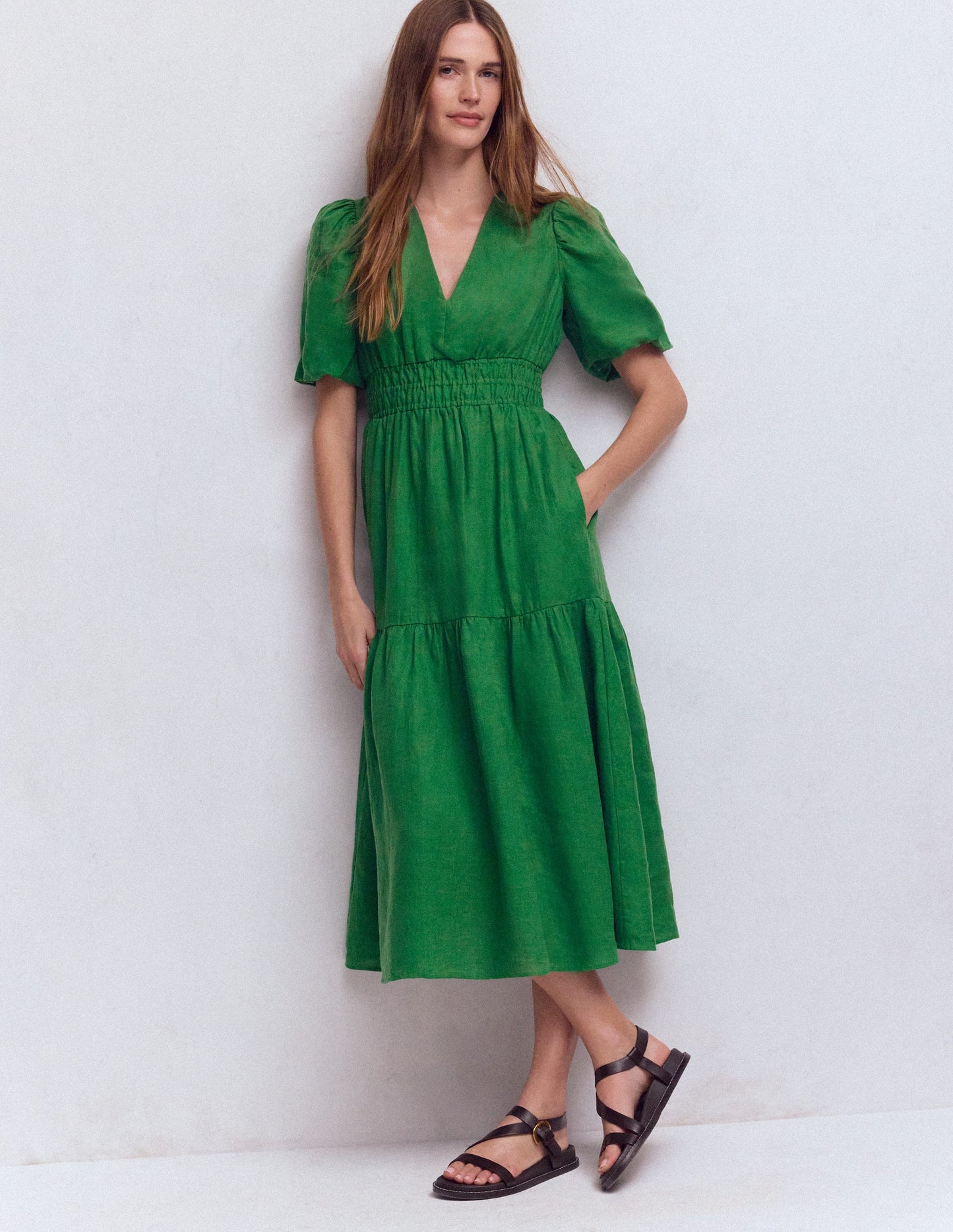 Irene Puff Sleeve Linen Dress-Highland Green