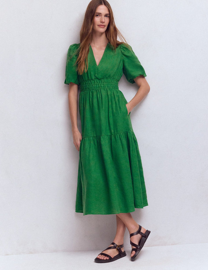 Irene Linen Midi Dress-Highland Green