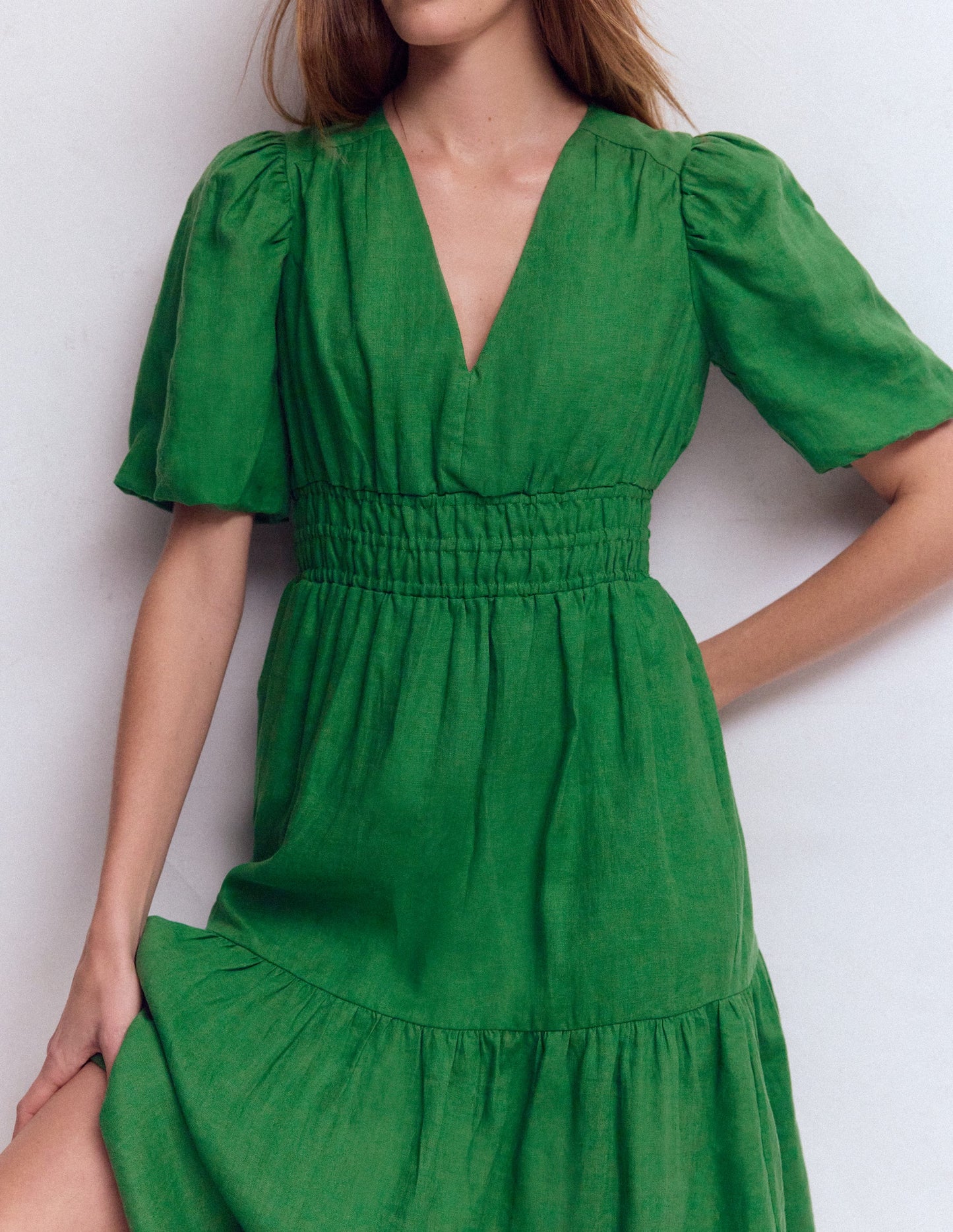 Irene Puff Sleeve Linen Dress-Highland Green