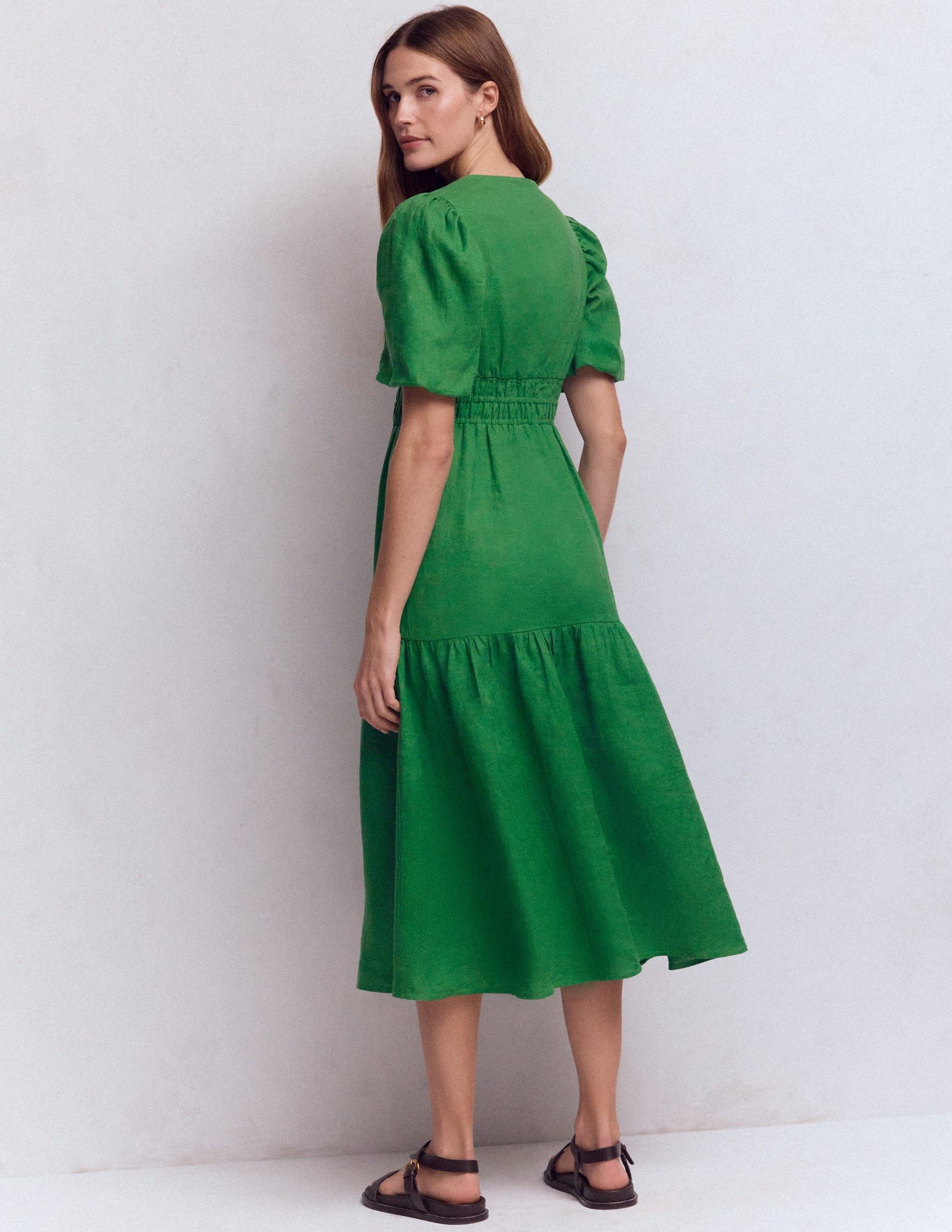 Irene Puff Sleeve Linen Dress-Highland Green-3